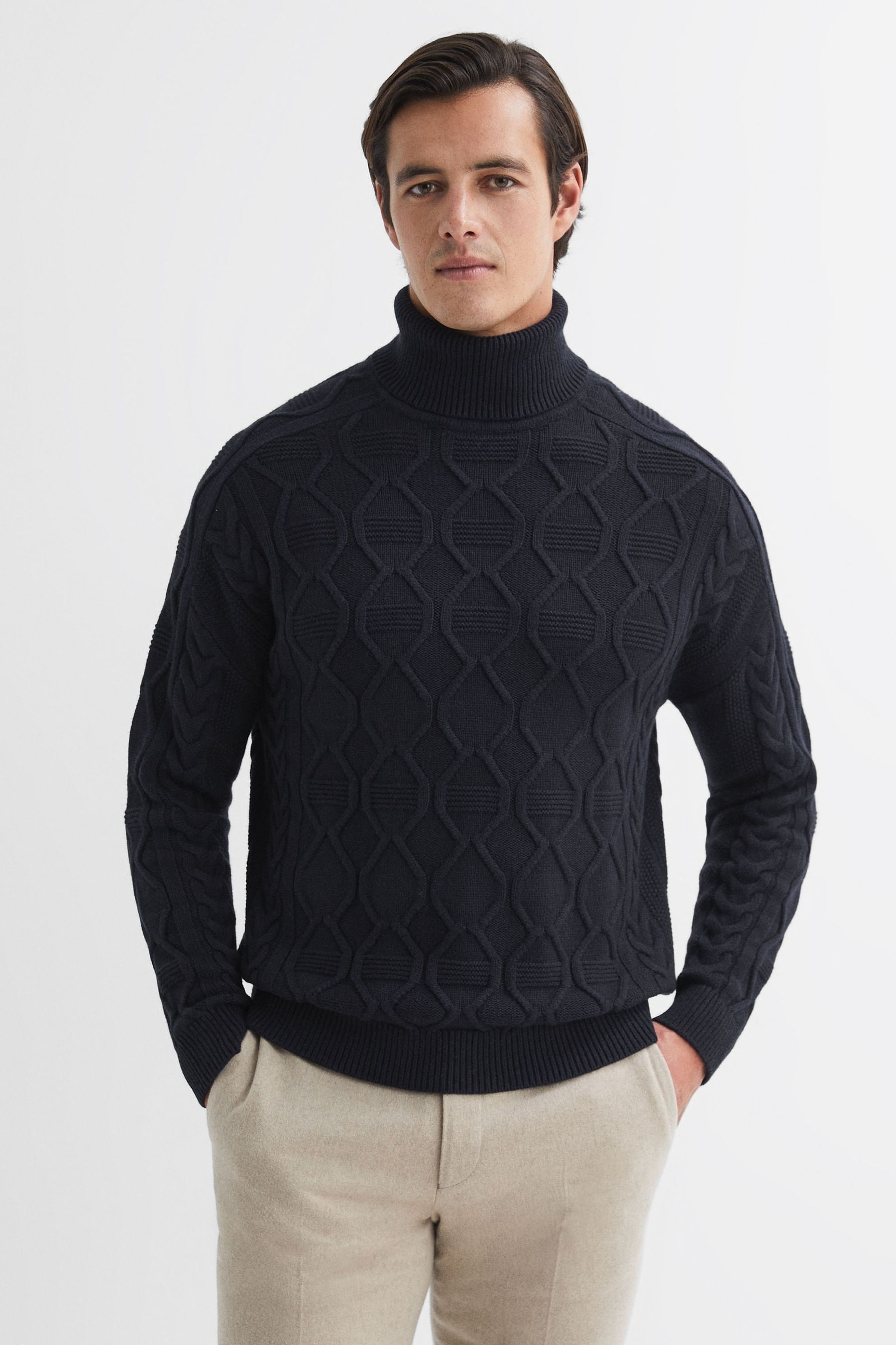 Reiss Navy Alston Cable Knitted Roll Neck Jumper