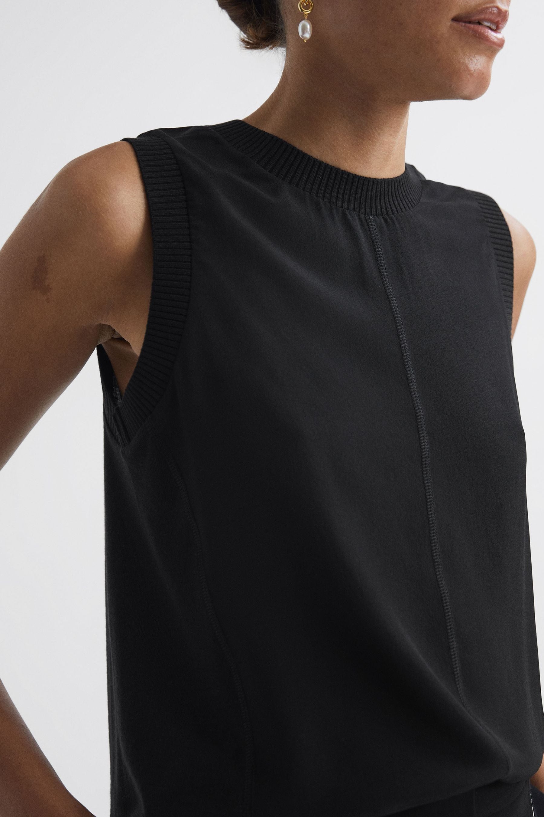 Reiss Dotty - Black Silk Front Crew Neck Vest, S