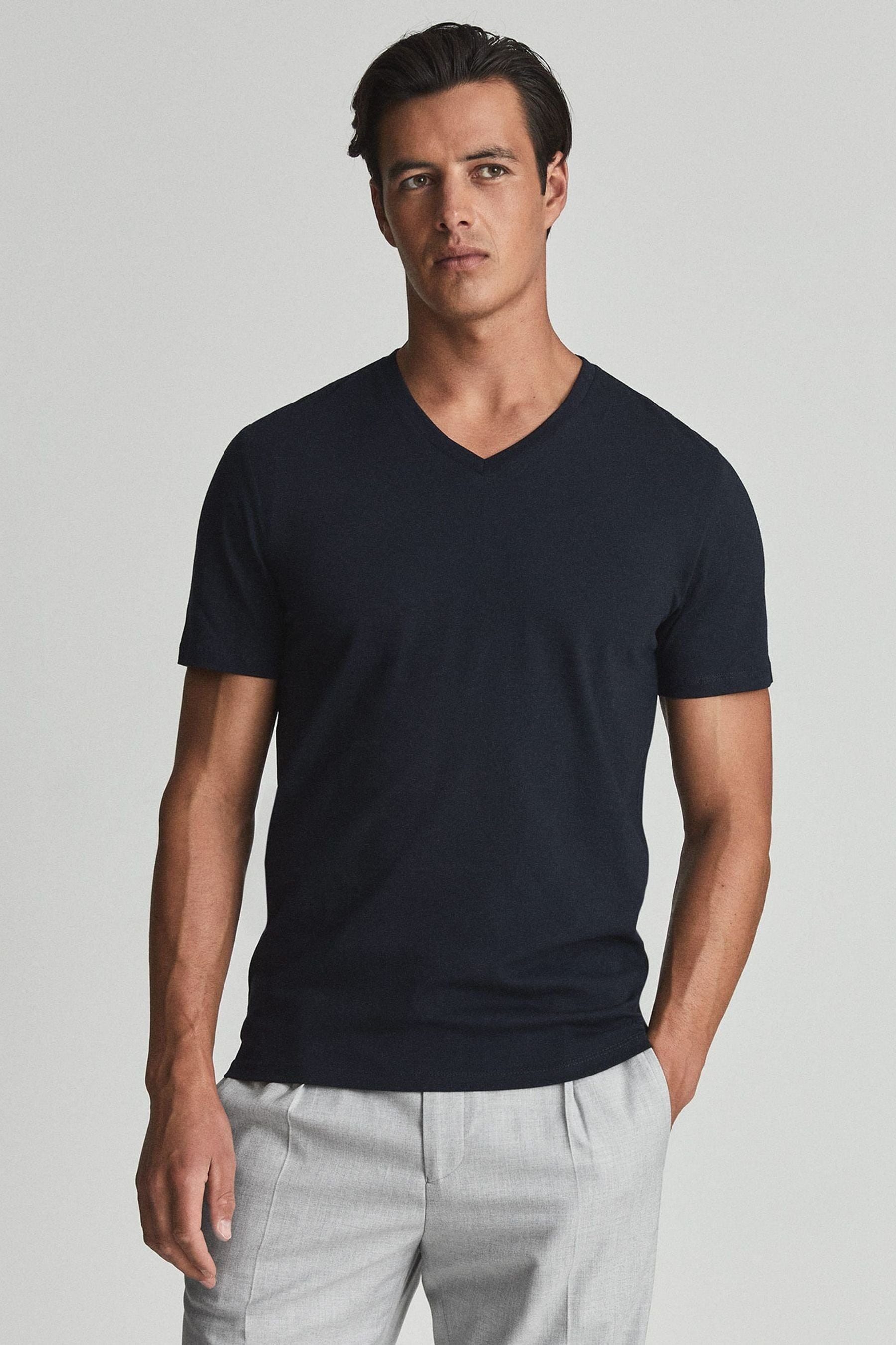 Reiss Dayton - Navy Cotton V-neck T-shirt, Xxl