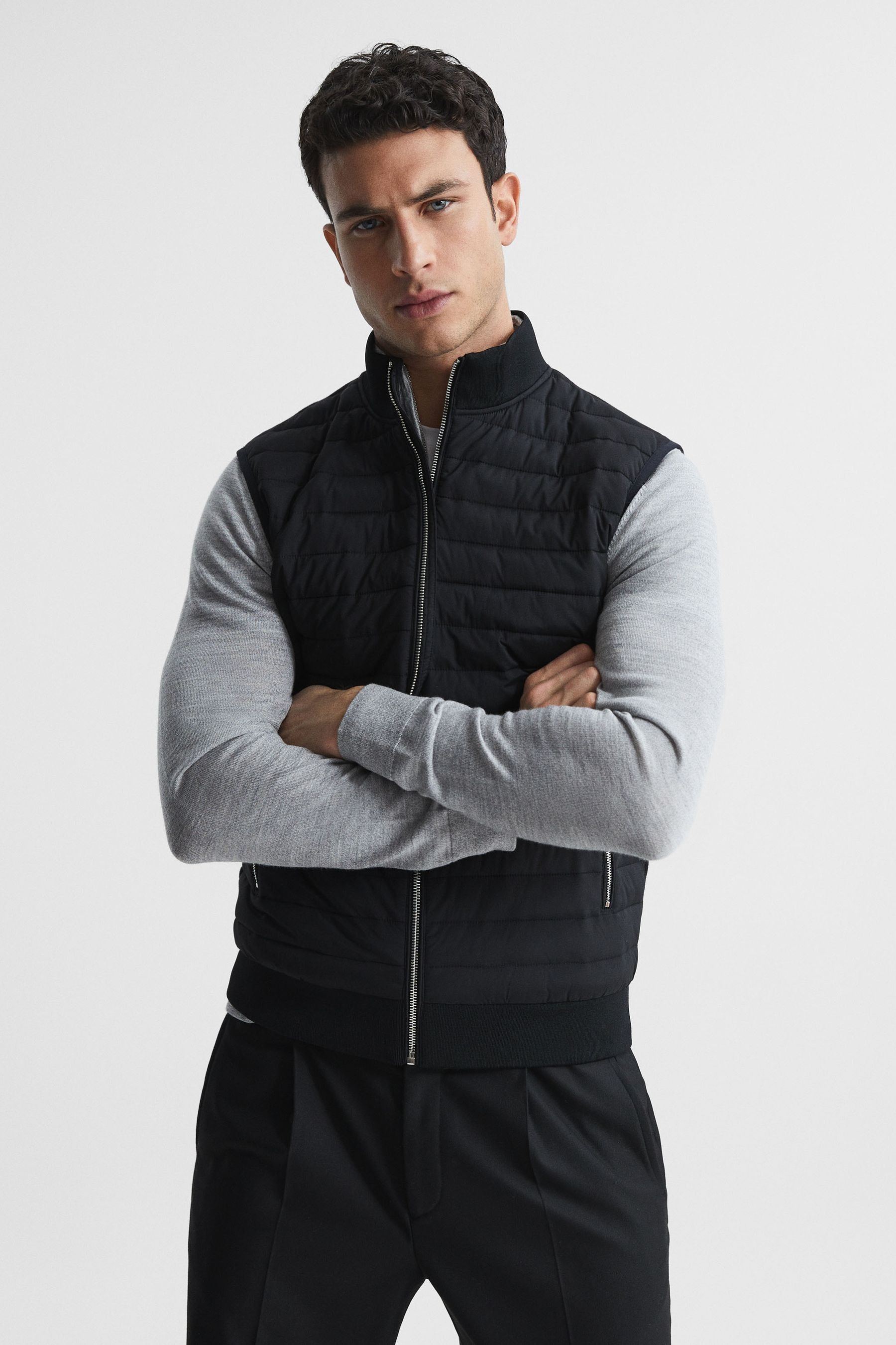 Reiss Pluto - Black Hybrid Quilted Gilet, Xl