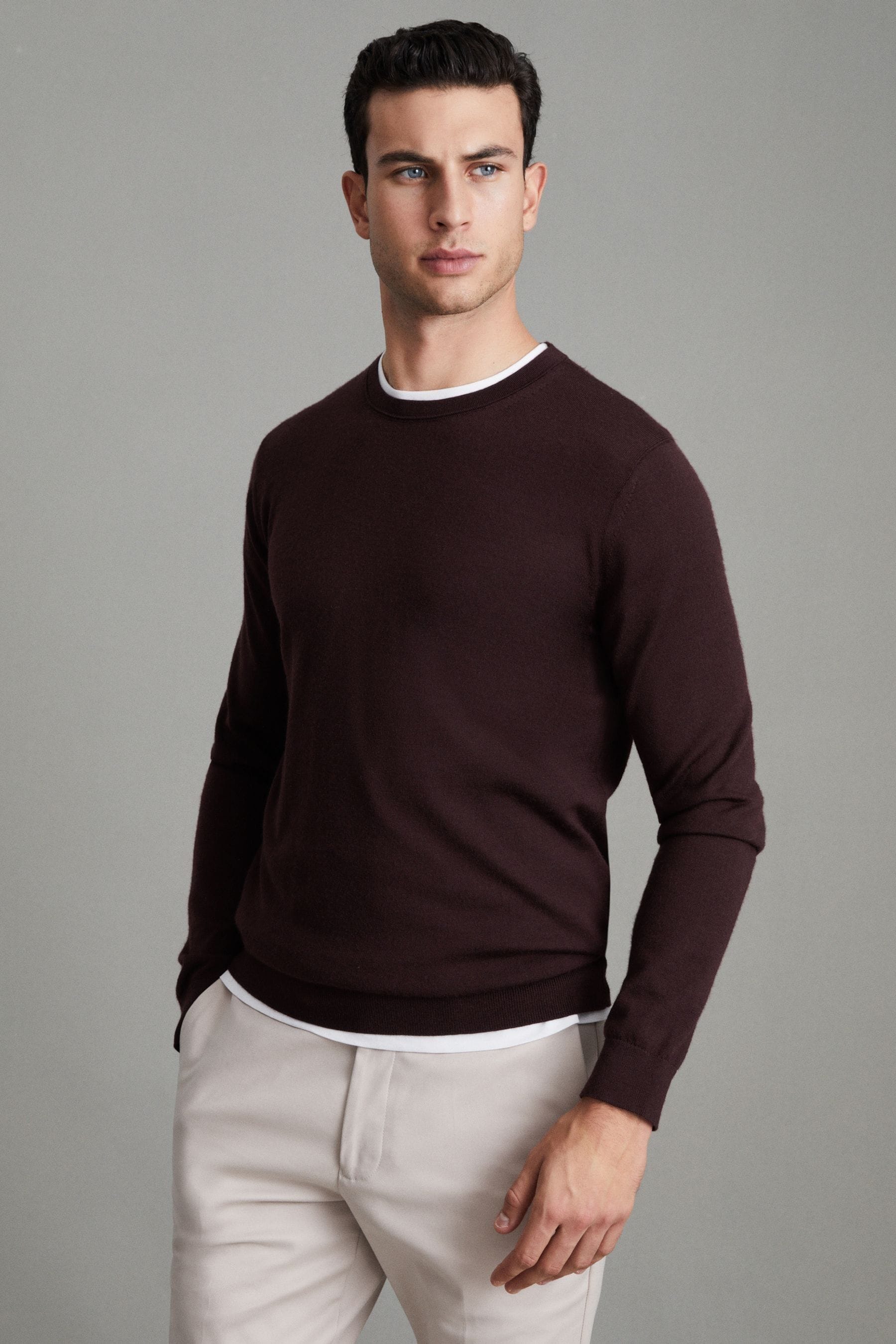 Reiss Bordeaux Merino Wool Crew Neck Jumper, L