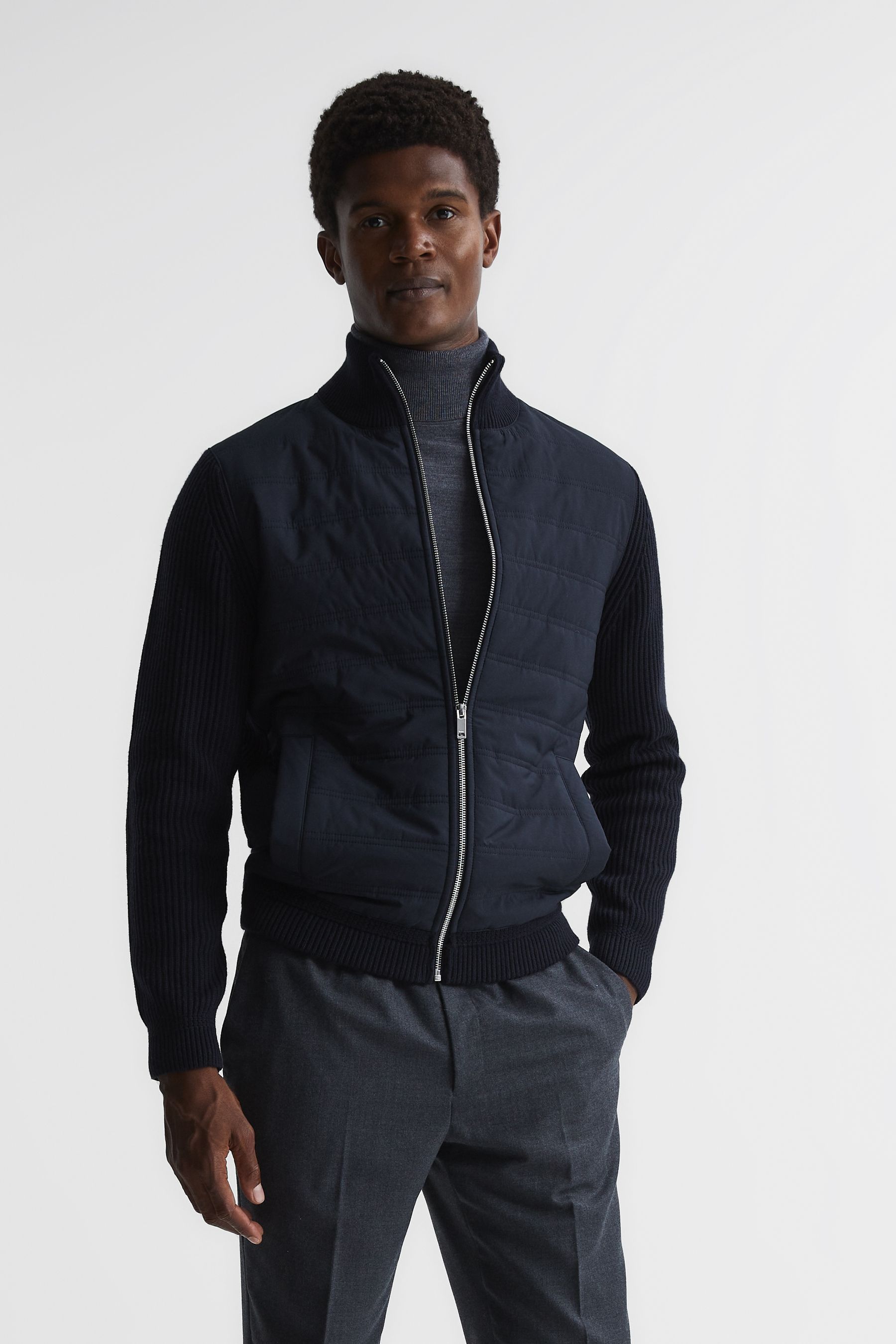 Shop Reiss Navy Hybrid Zip Through Quilted Jumper