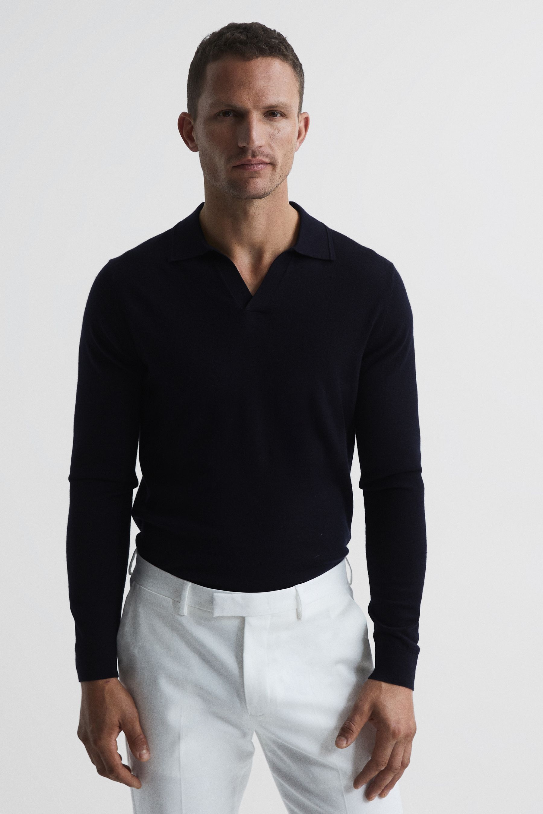 Milburn - Navy Merino Wool Open Collar Polo Shirt