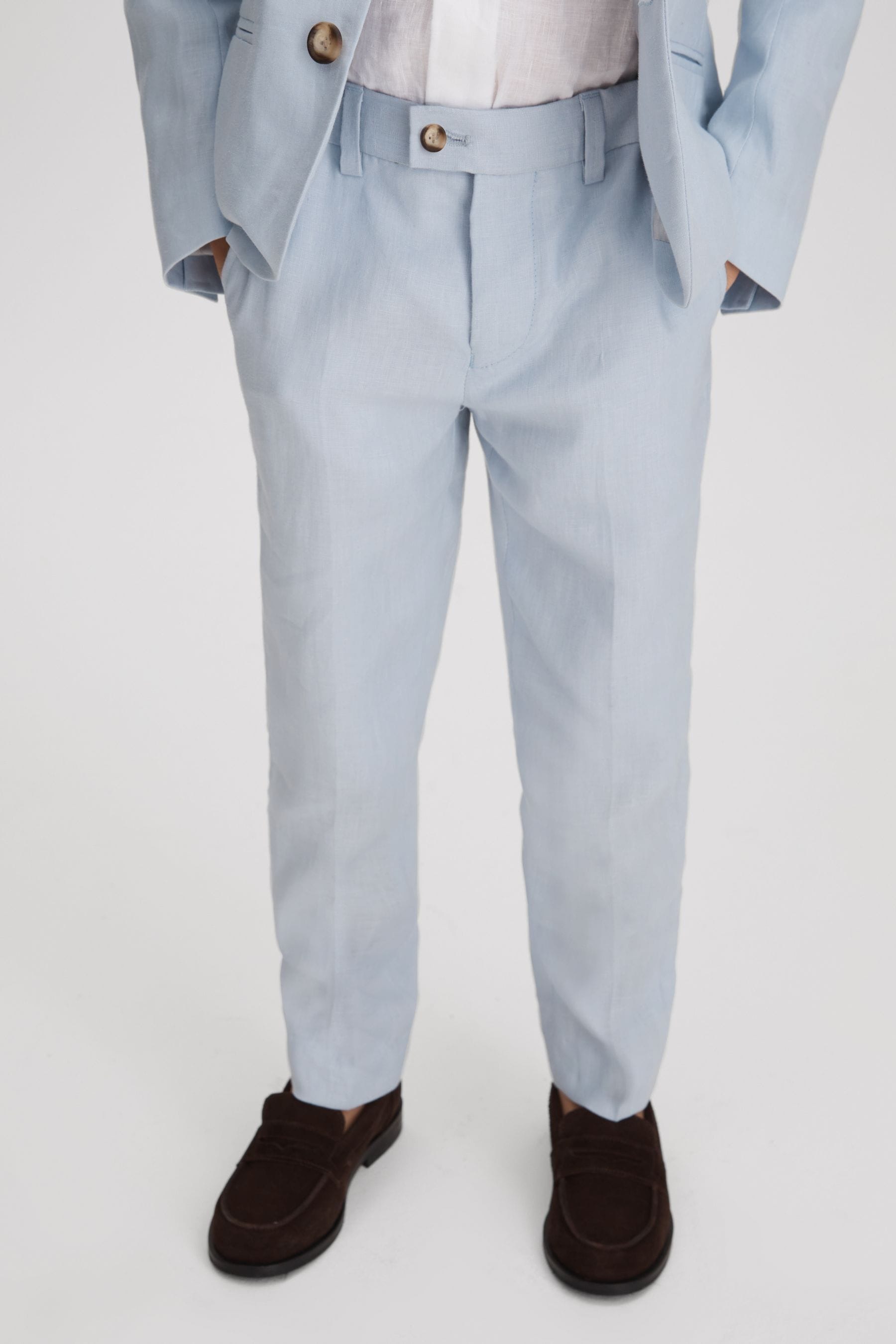 Shop Reiss Kin - Soft Blue Junior Slim Fit Linen Adjustable Trousers, Age 6-7 Years