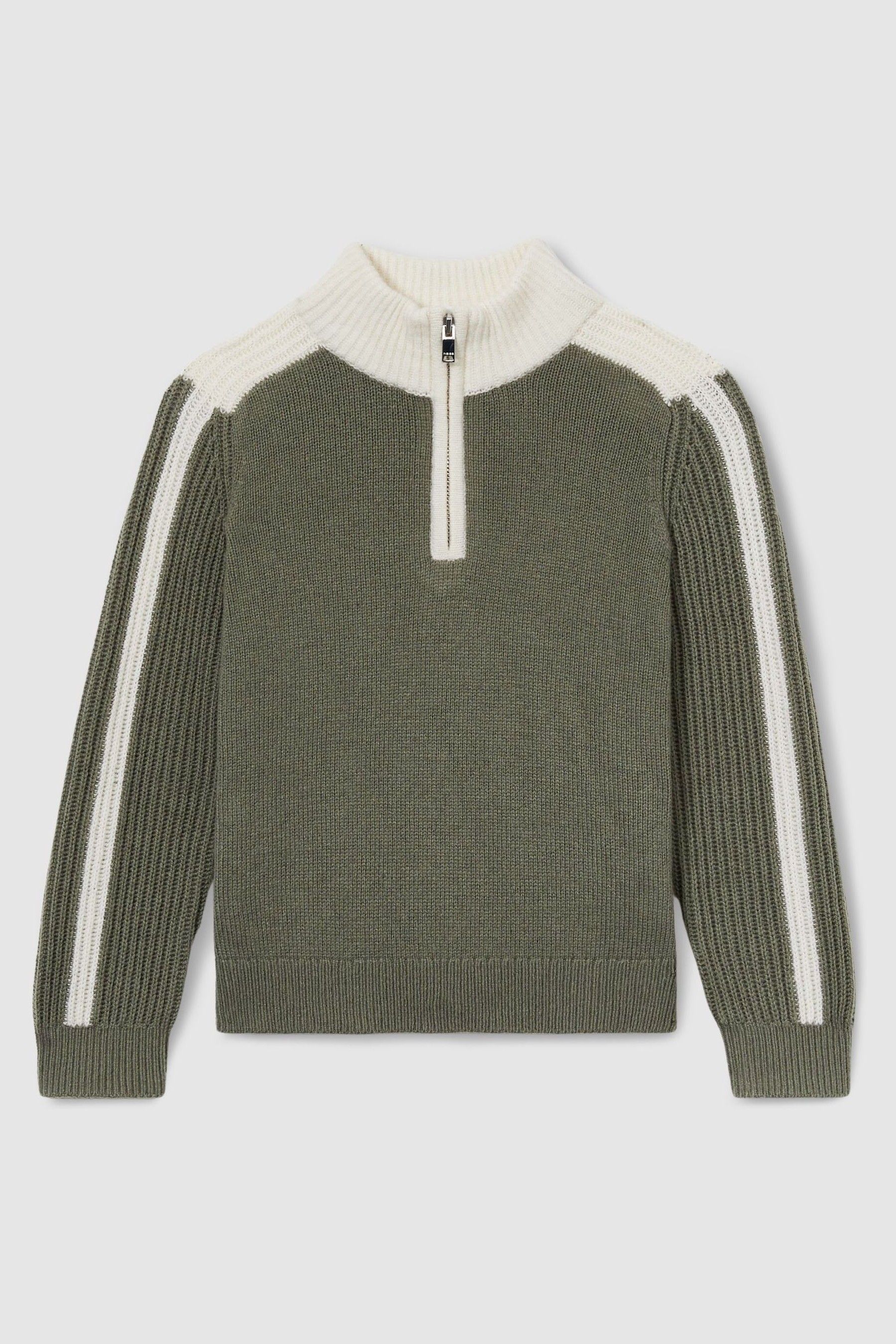 Reiss Sage/white 9-13 Yrs Zipped Funnel-neck Jumper With Wool And Cotton