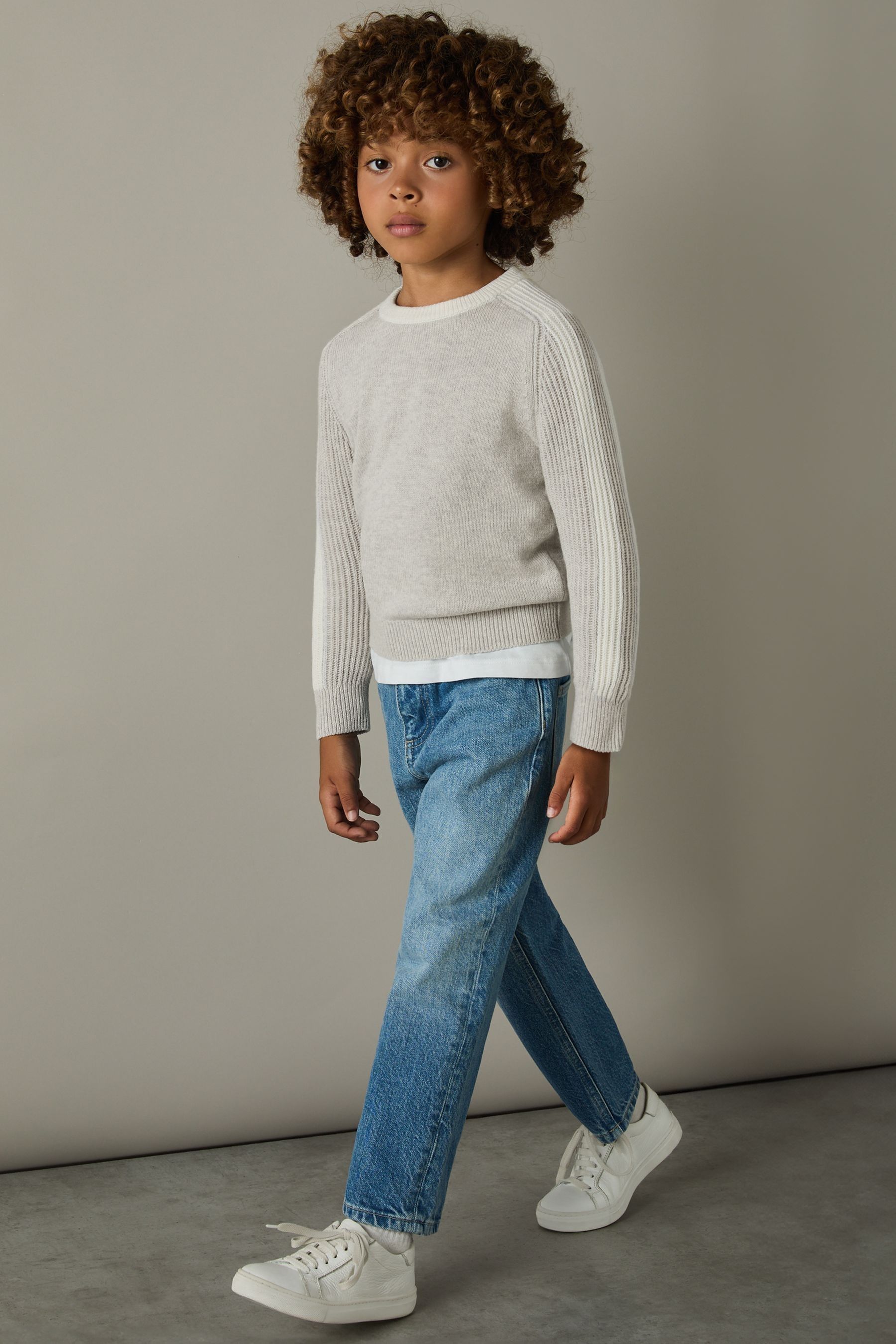 Reiss Boy's Grey & White Ribbed-sleeve Jumper In Grey/white