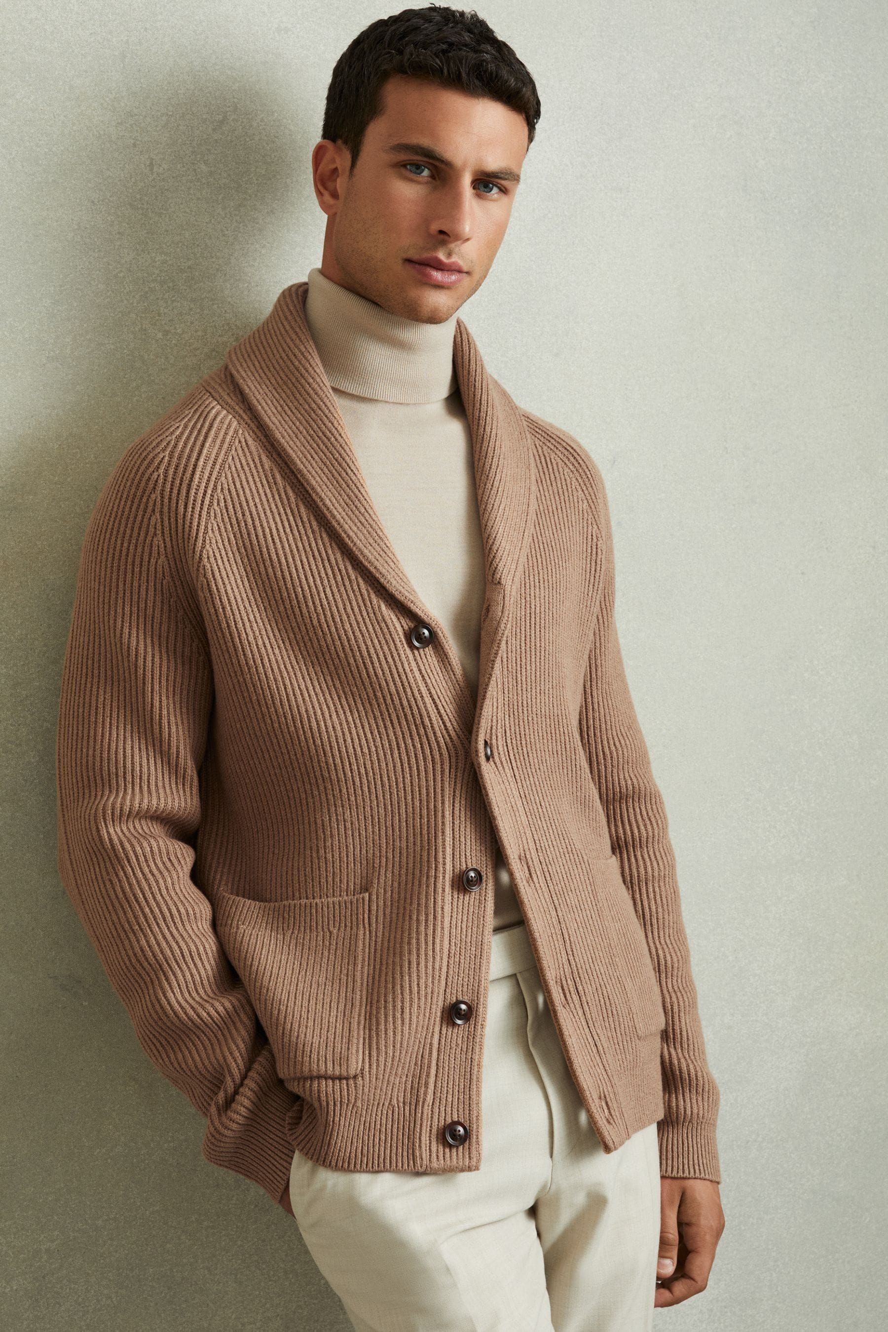 Reiss Camel Winters Ribbed Shawl-collar Cardigan With Cotton And Wool In Camel