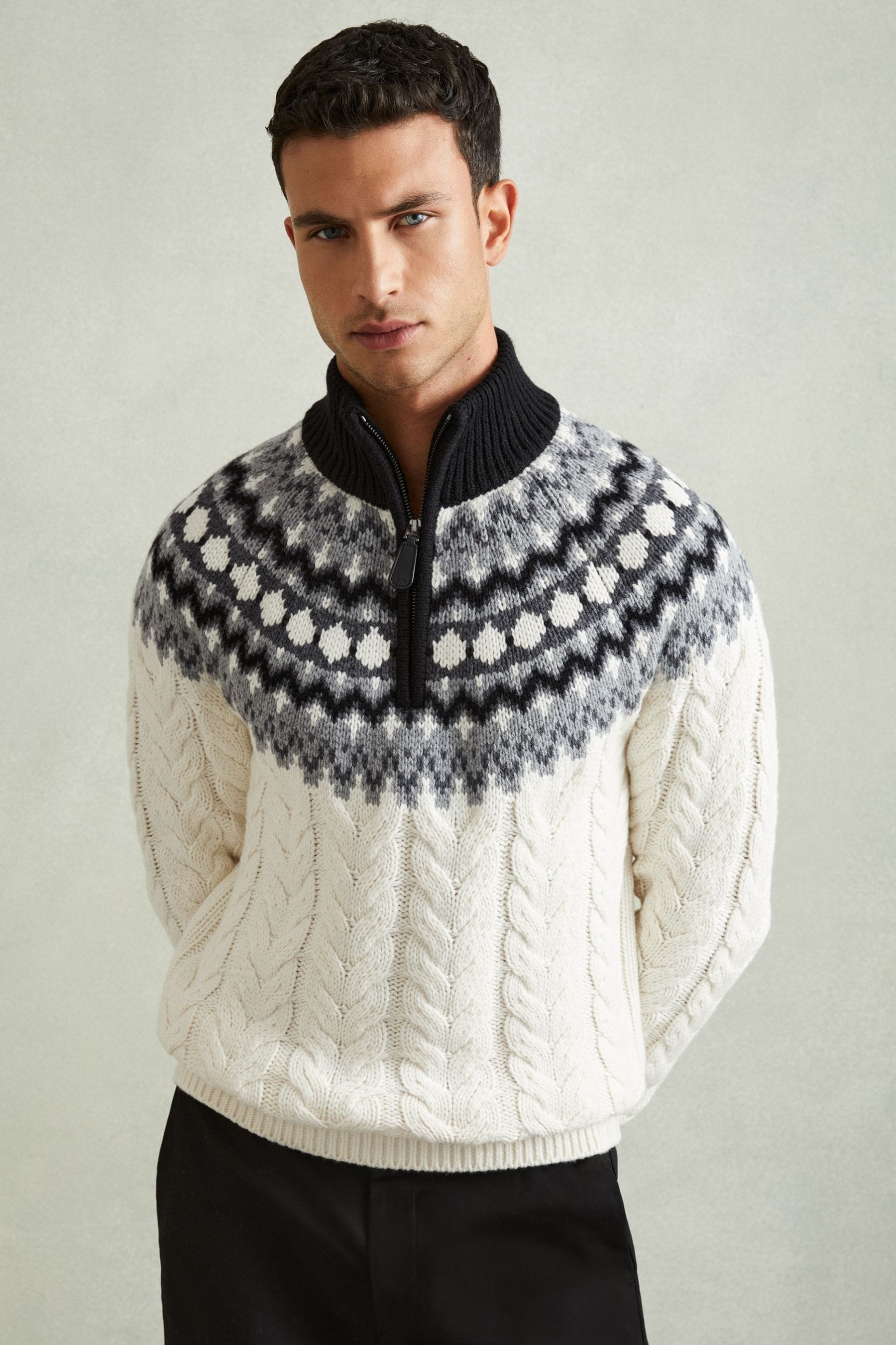 Reiss Black & white Zipped Jumper With Cotton and Wool, S