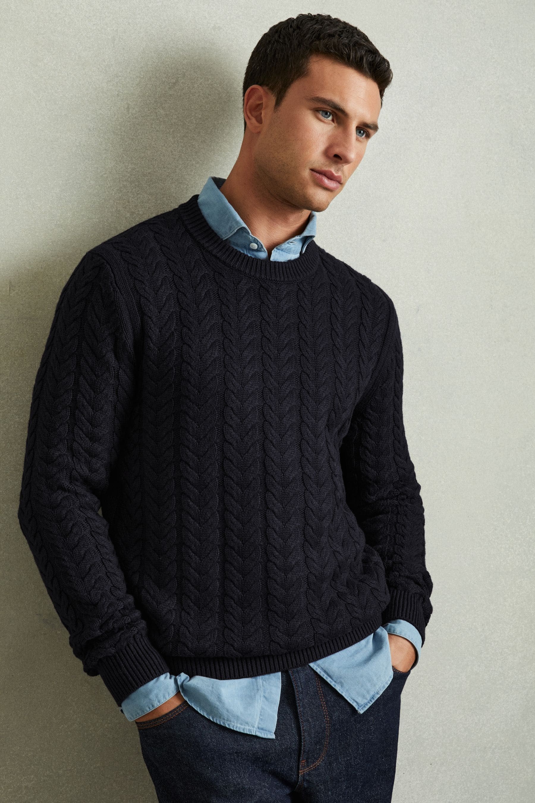 REISS NAVY STOKE CABLE KNITTED JUMPER WITH COTTON AND WOOL