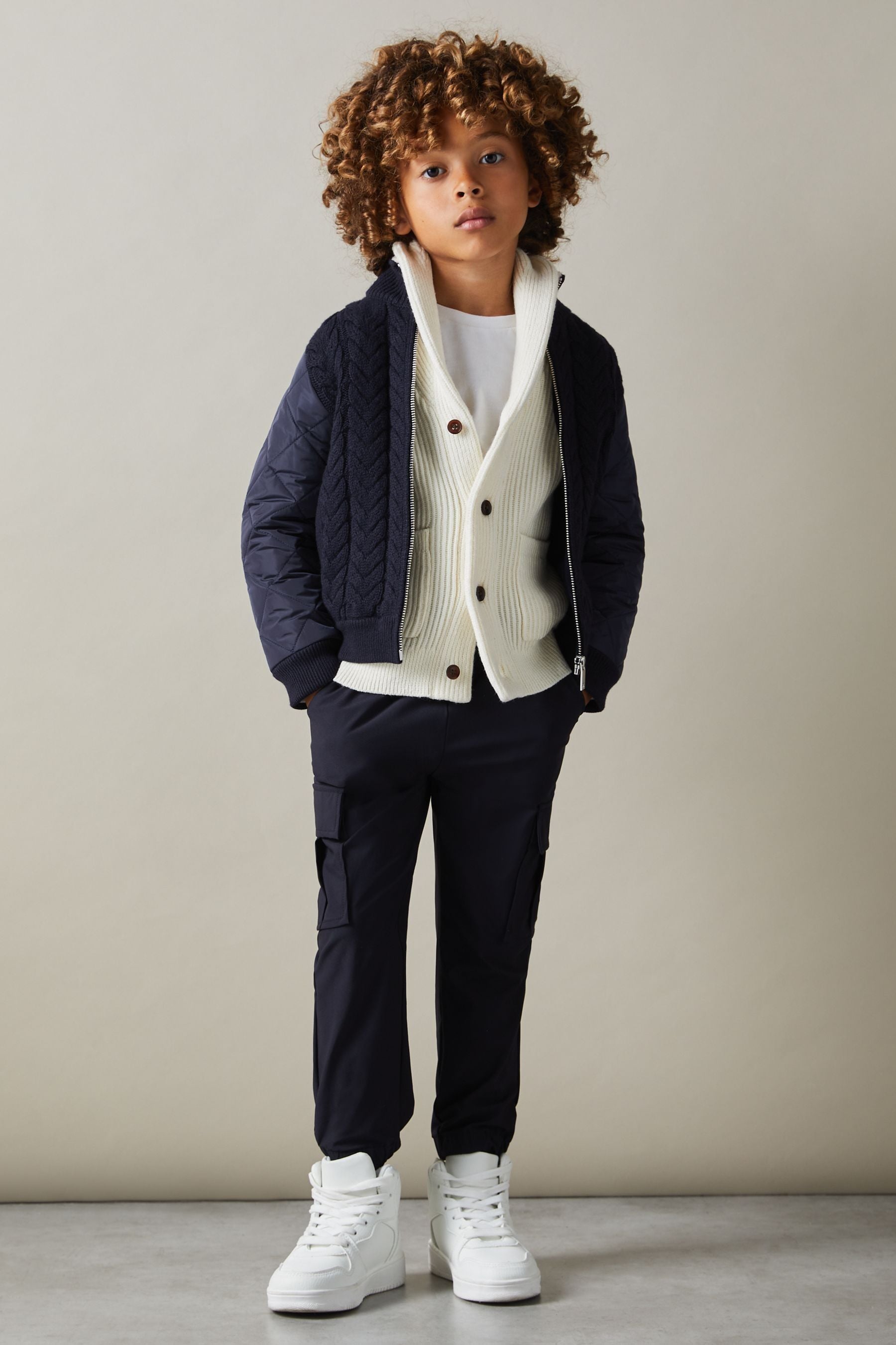 Reiss Navy Hybrid Quilt-knit Jacket