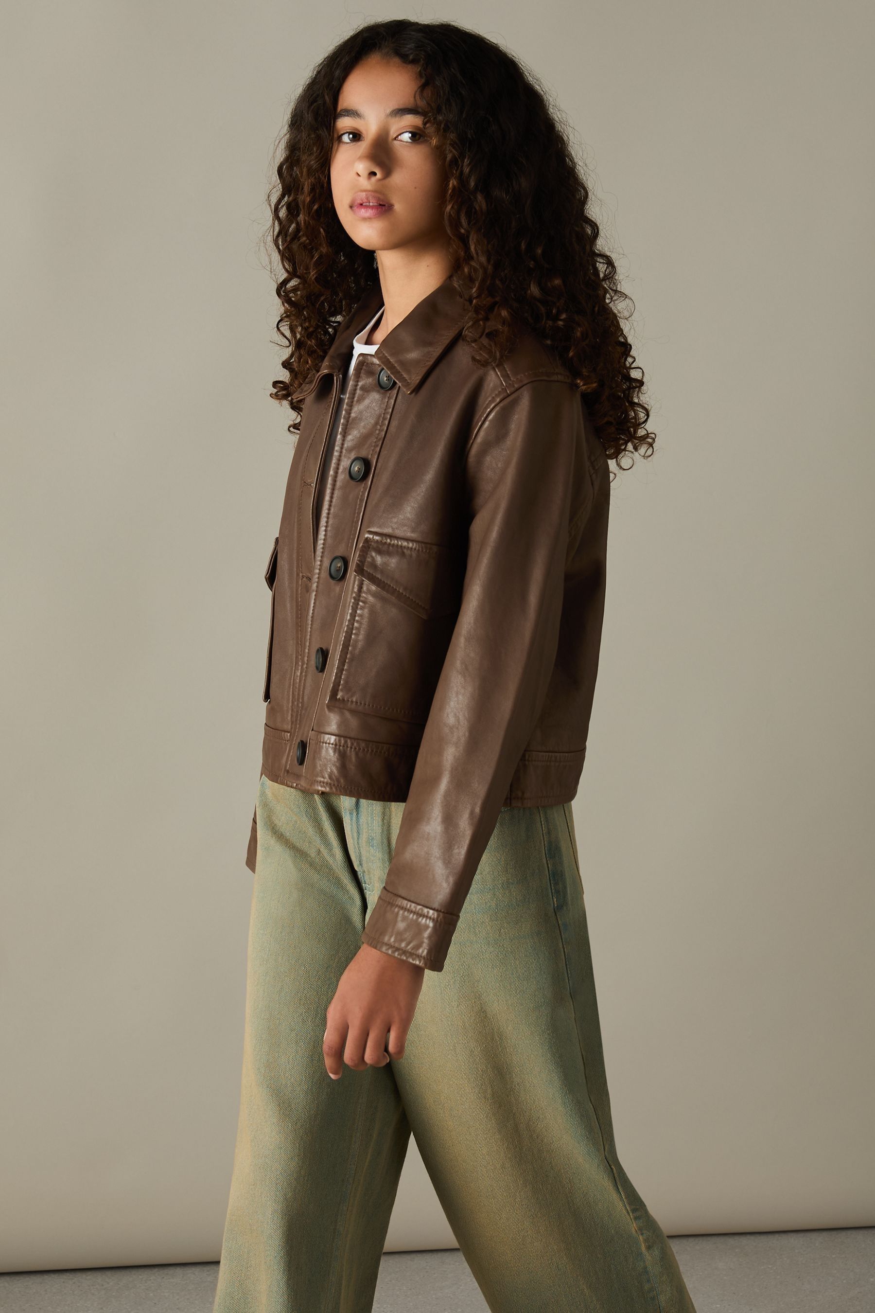 Reiss Hanson Jacket Leather Plain, Brown Size: K12