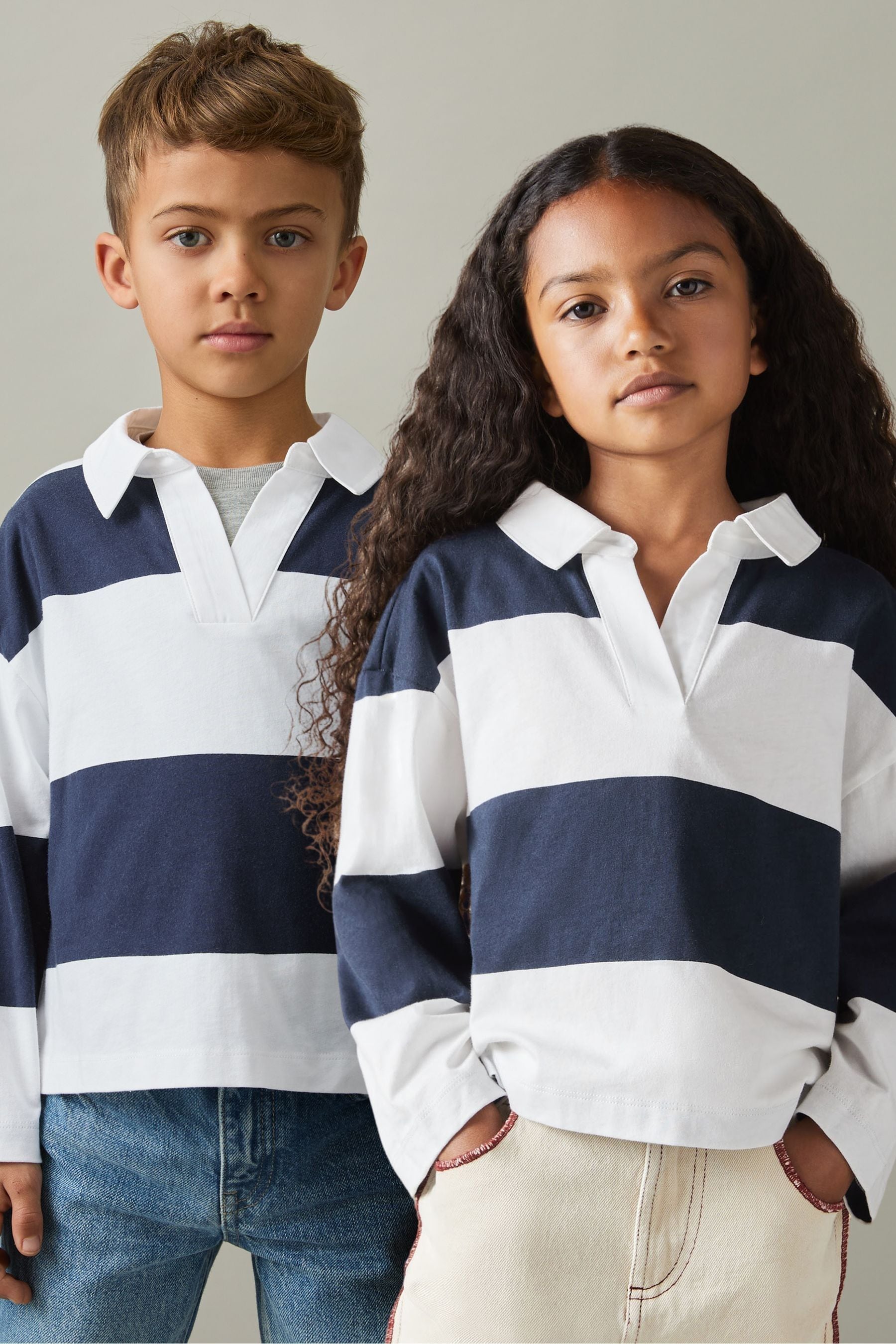 Reiss Kids' Navy 4-9 Yrs Oversized Cotton Striped Open-collar Rugby Top