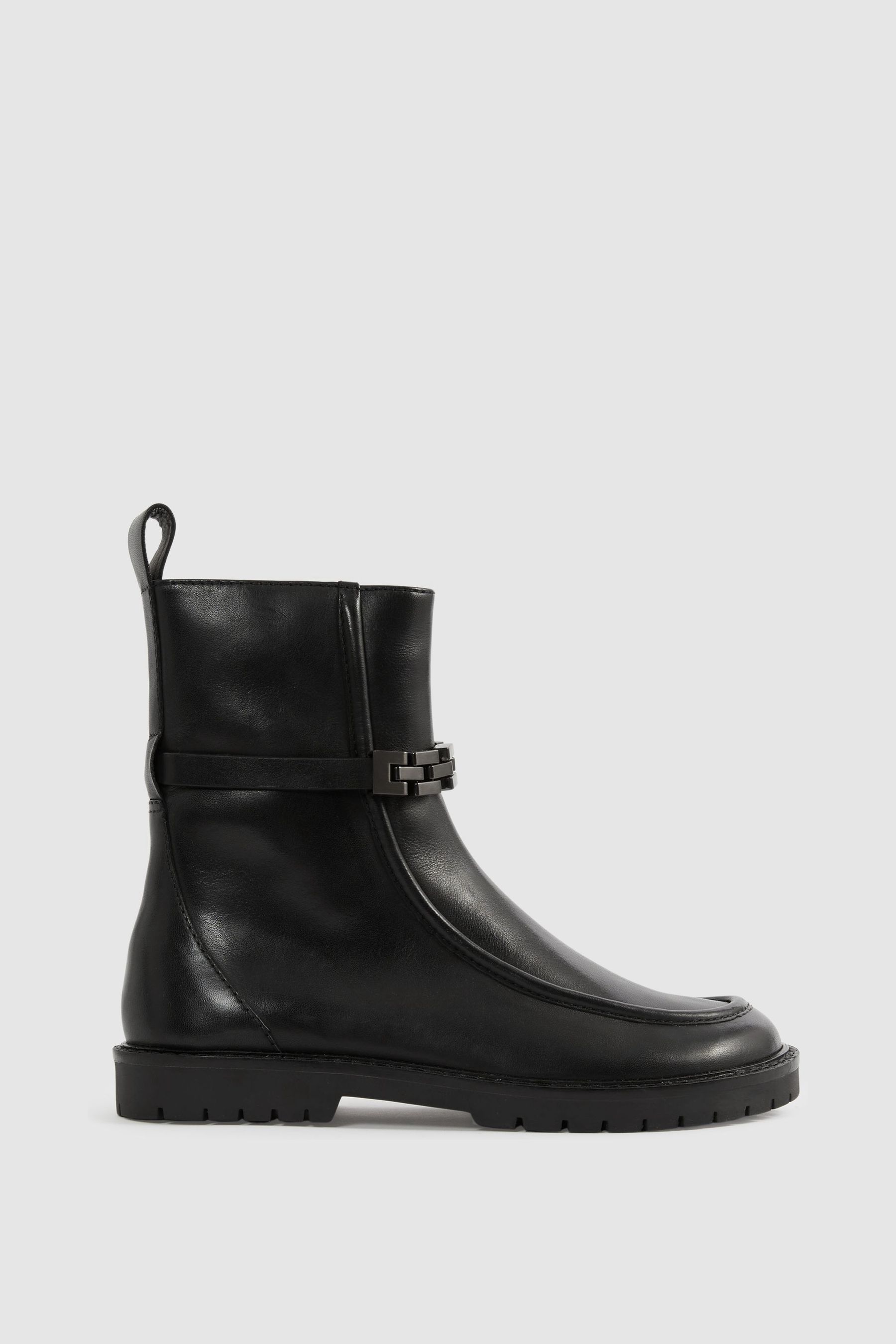 Reiss Black Safia Leather Chain-strap Ankle Boots In Black