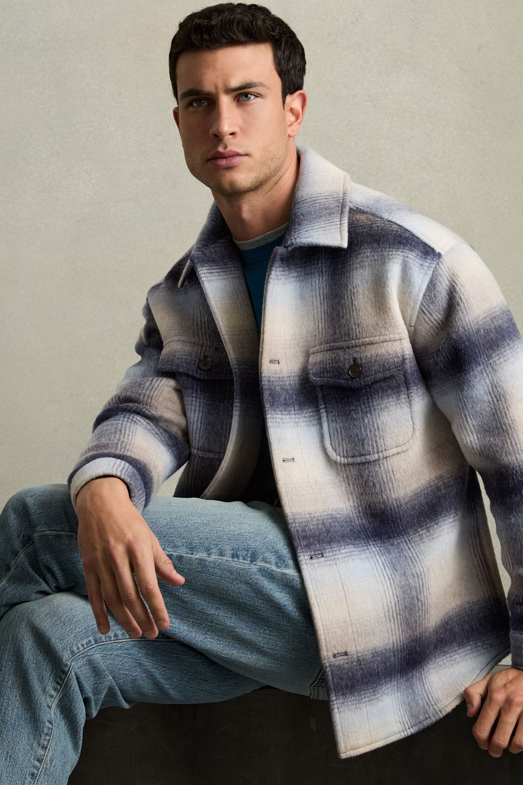 Reiss Blue Multi Brushed Wool-blend Check Overshirt In Blue Multi