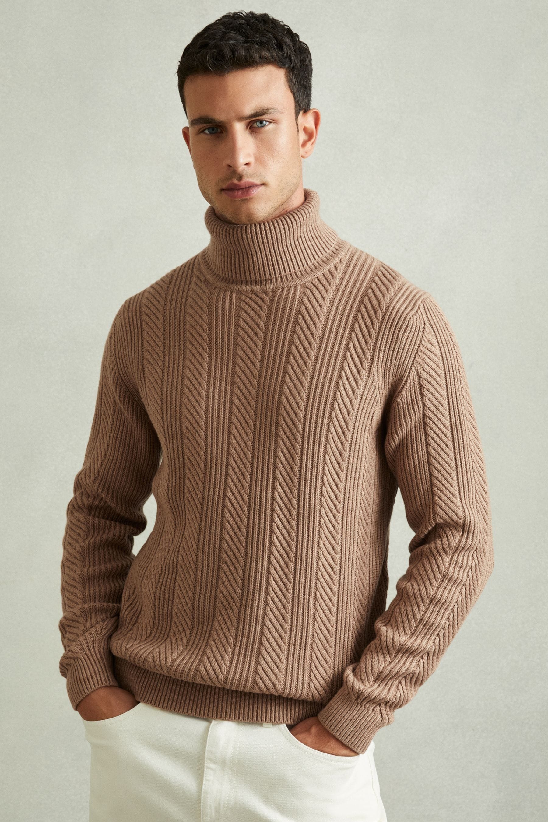 Reiss Camel Flick Cabled Roll Neck Jumper With Cotton And Wool In Camel