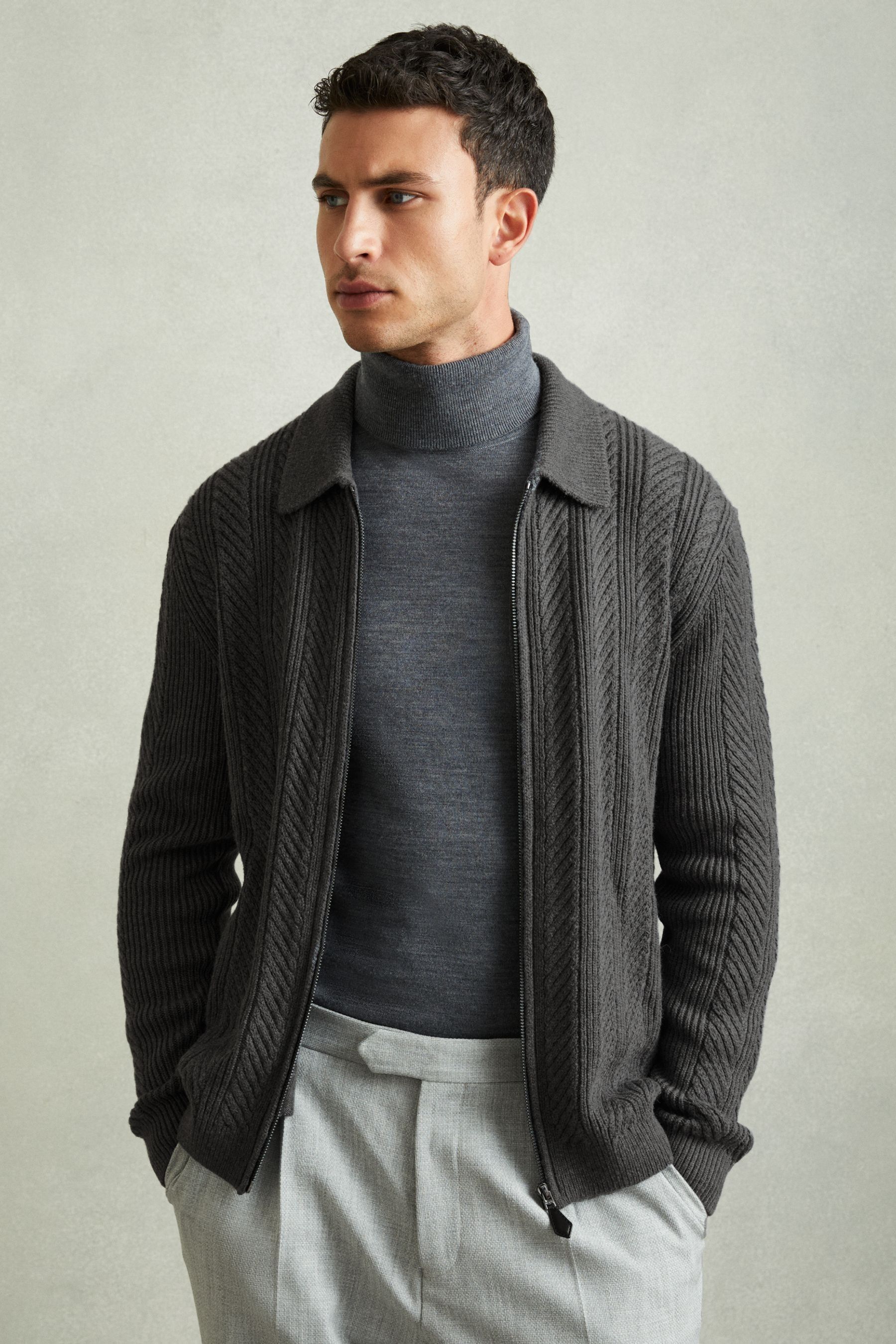 Reiss Mid Grey Melange Zip Through Cabled Jumper With Cotton and Wool, L