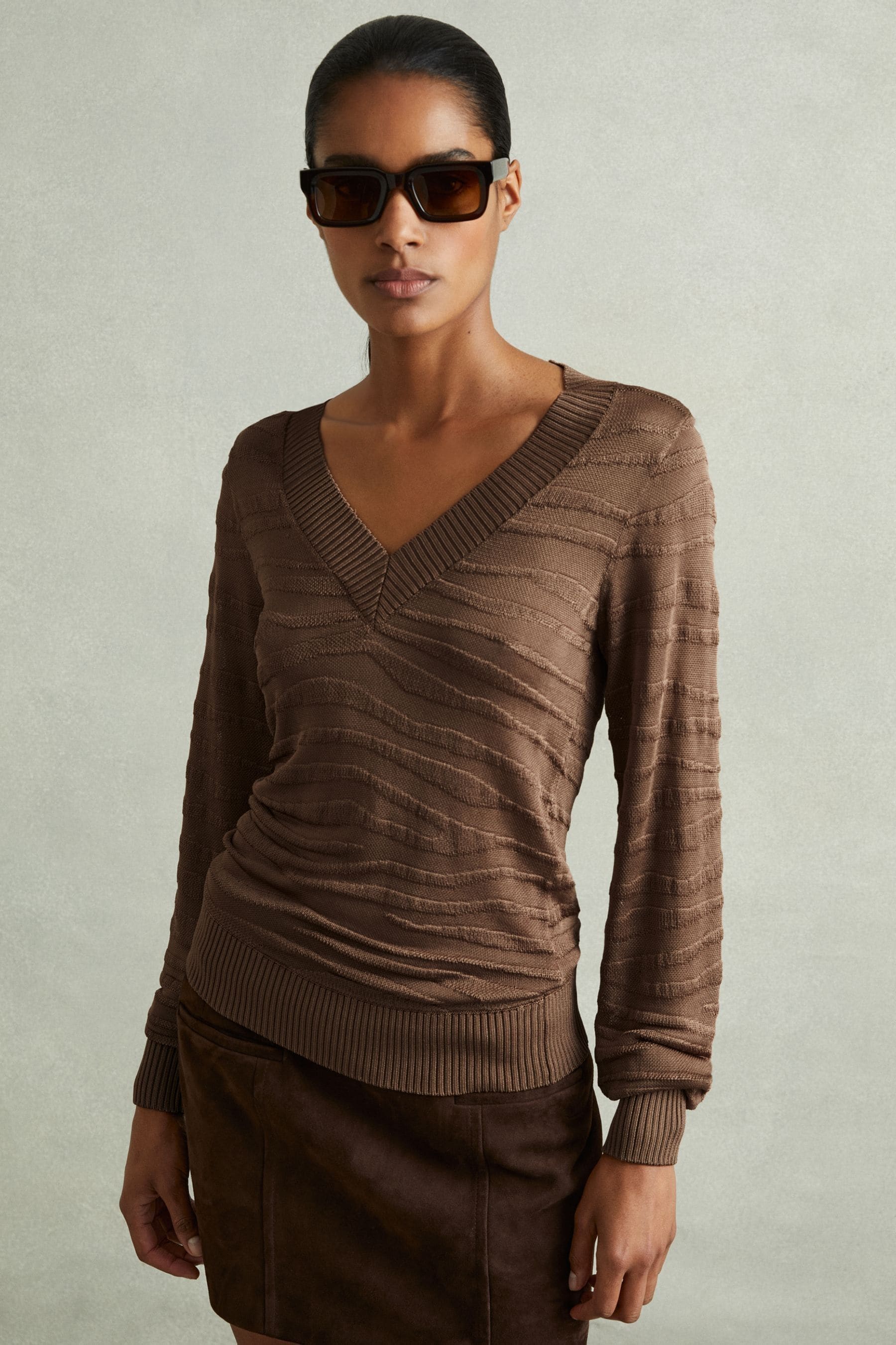 Reiss Mink Striped V-neck Jumper In Mink