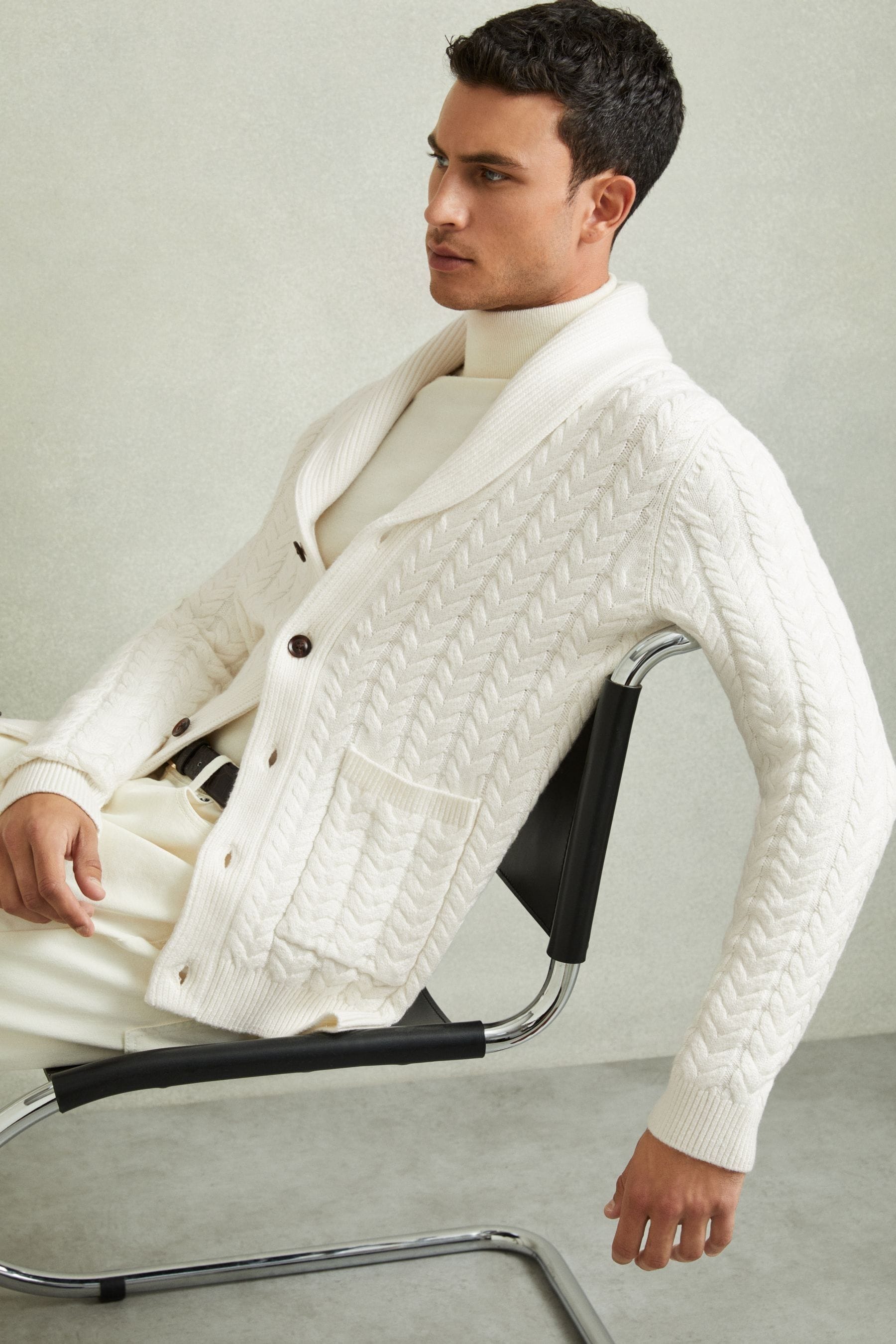 Reiss White Cabled Shawl Collar Cardigan With Cotton And Wool