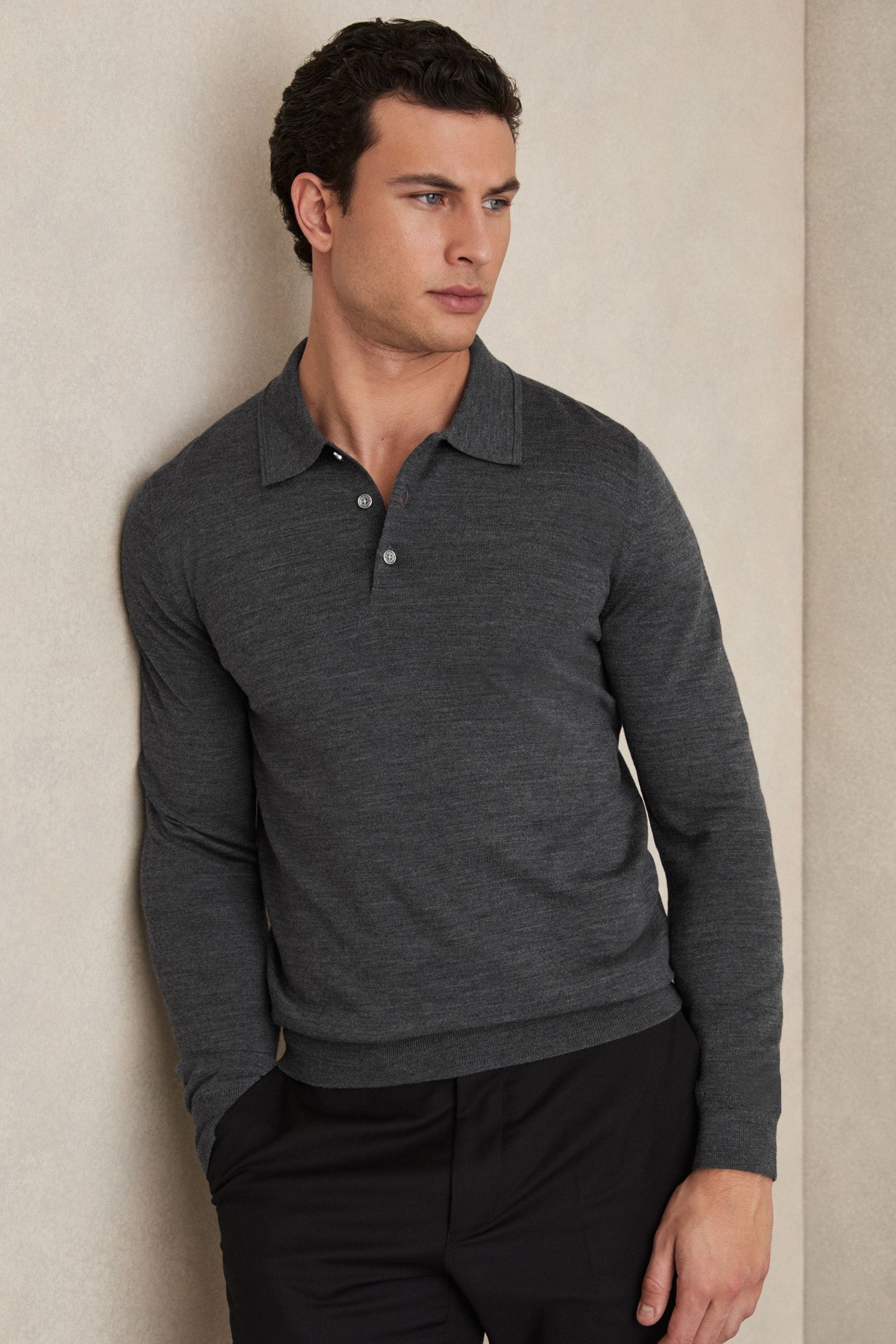 Reiss Derby Grey Marl Merino Wool Polo Shirt In Derby Grey Marl