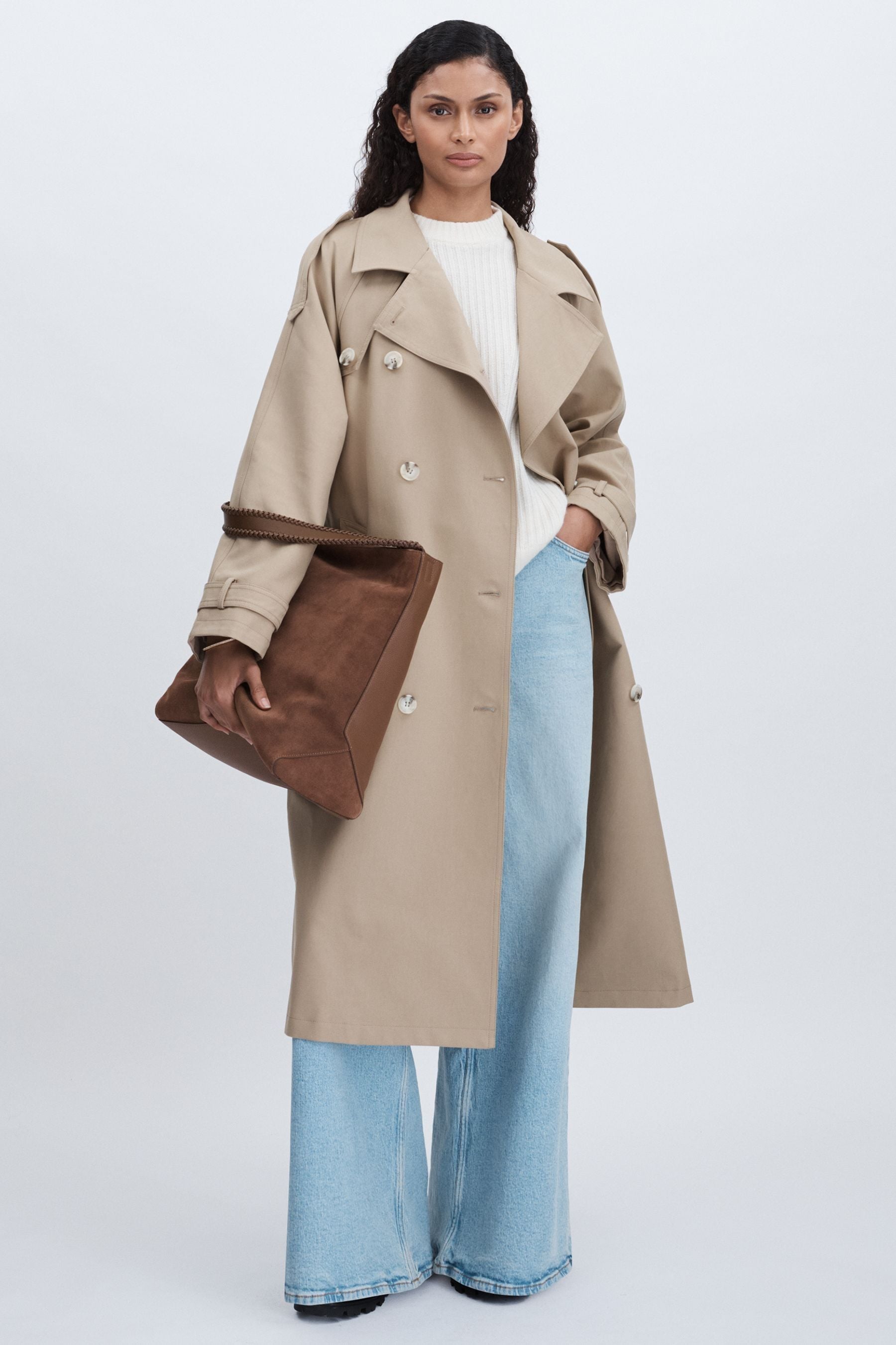 Meotine Cotton-Canvas Double-Breasted Trench, Beige, M &Amp; L