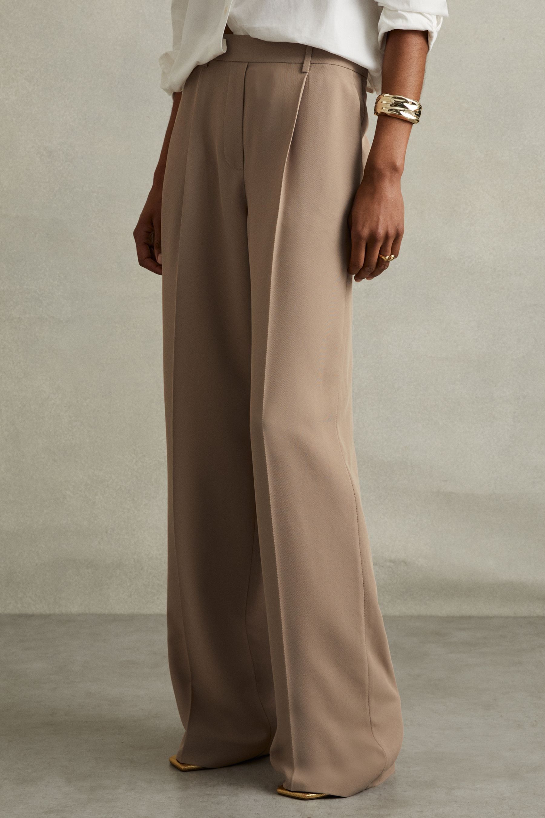 Reiss Mink Neutral Eden Petite Half-elasticated Wide Leg Trousers In Brown