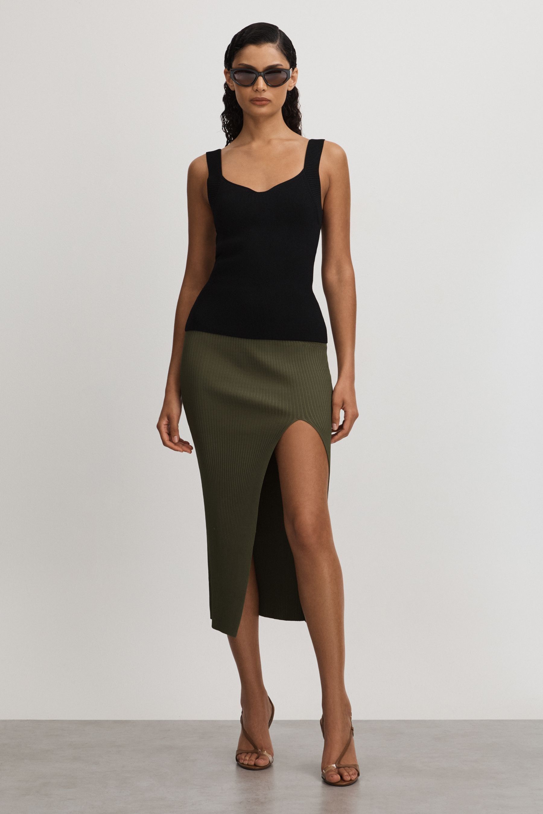 Good American Black Ribbed Midi Skirt, S