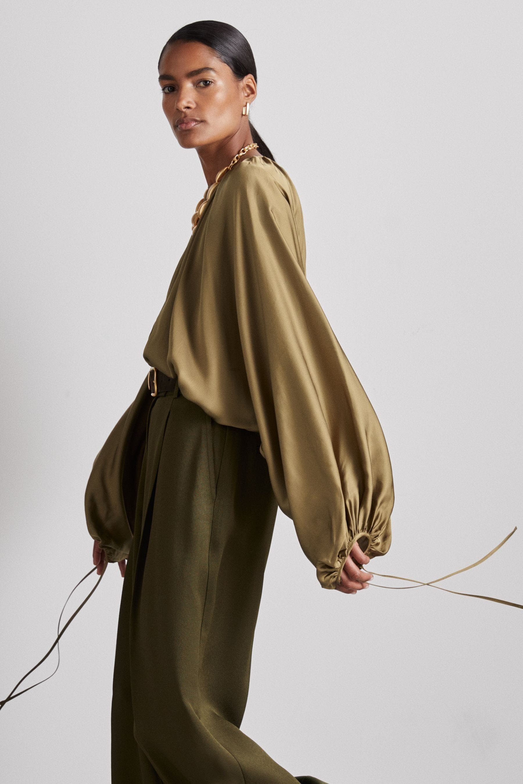 Reiss Khaki Atelier Gathered Satin Top In Khaki