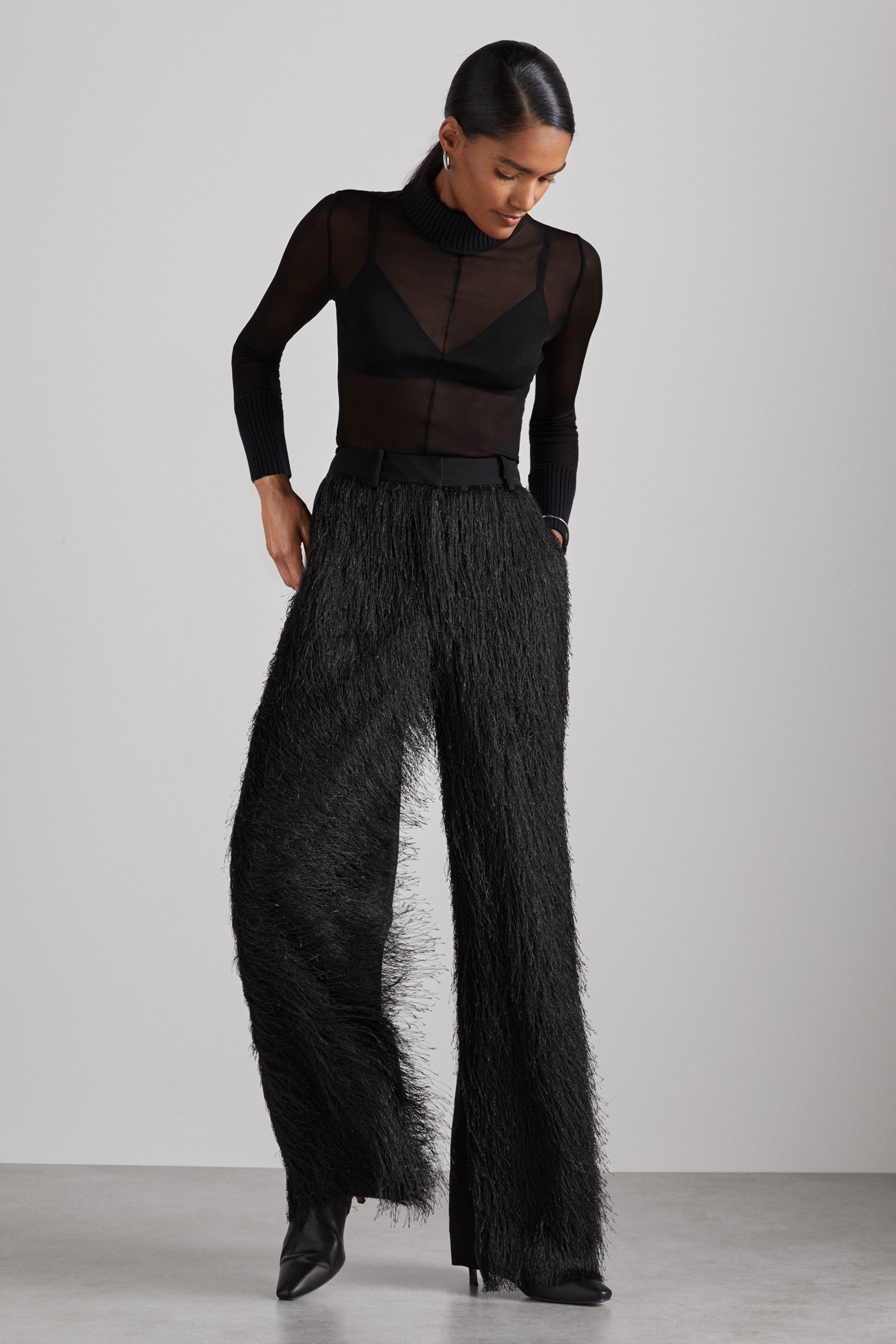 Reiss Black Atelier Fringed Crepe Trousers In Black