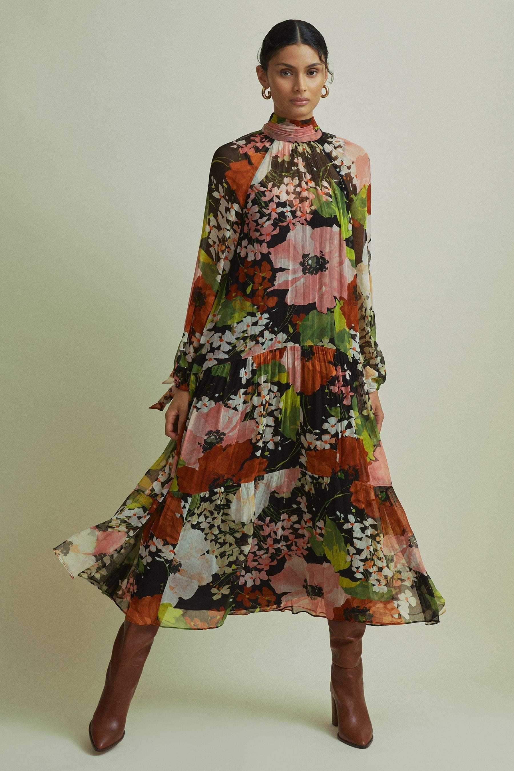 Florere Multi Tiered Tie Neck Midi Dress In Multi