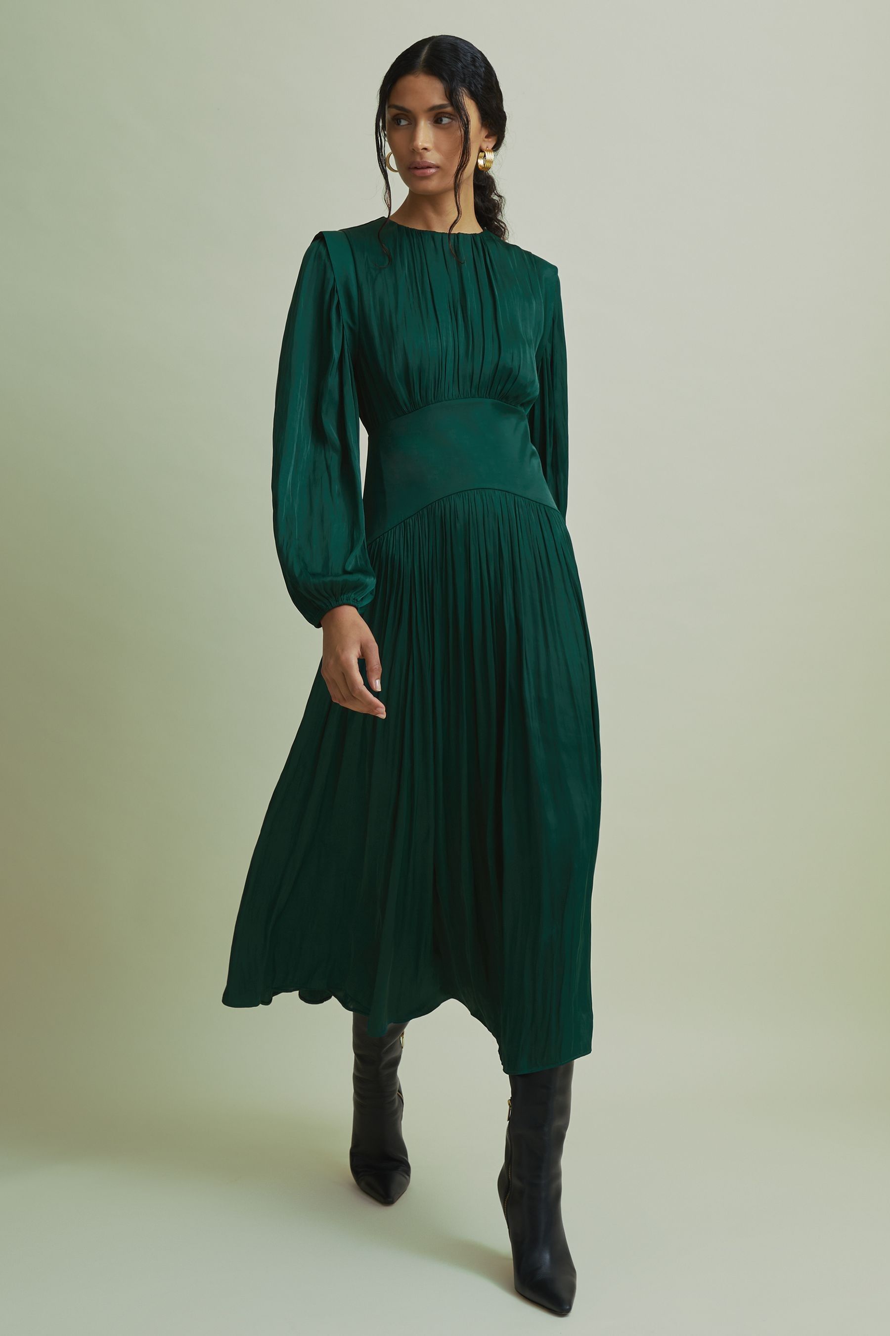 Florere Blouson Sleeve Midi Dress, Dark Green, 14
