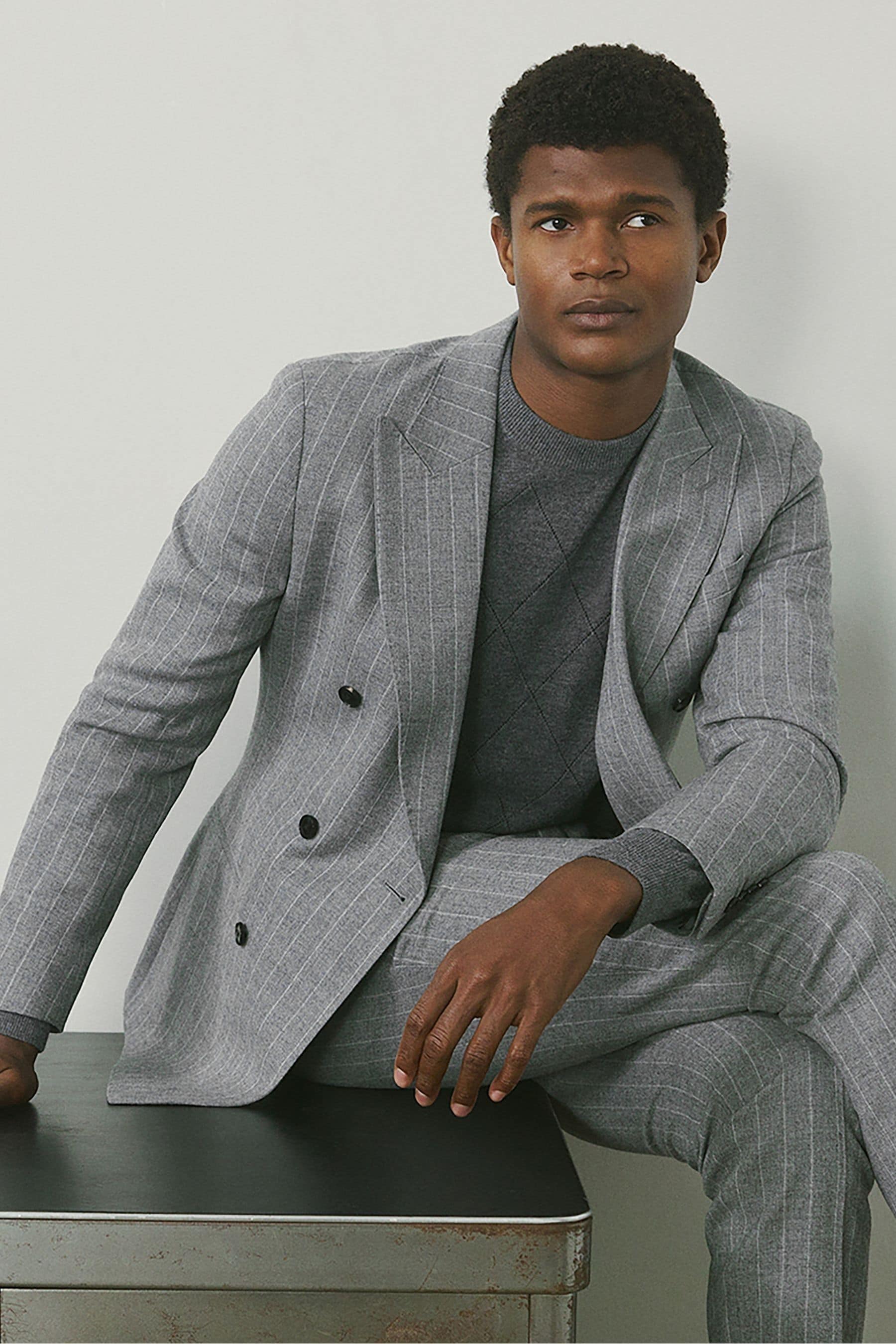 Reiss Soft Grey Double-Breasted Blazer in Wool-Blend Pinstripe, 36R