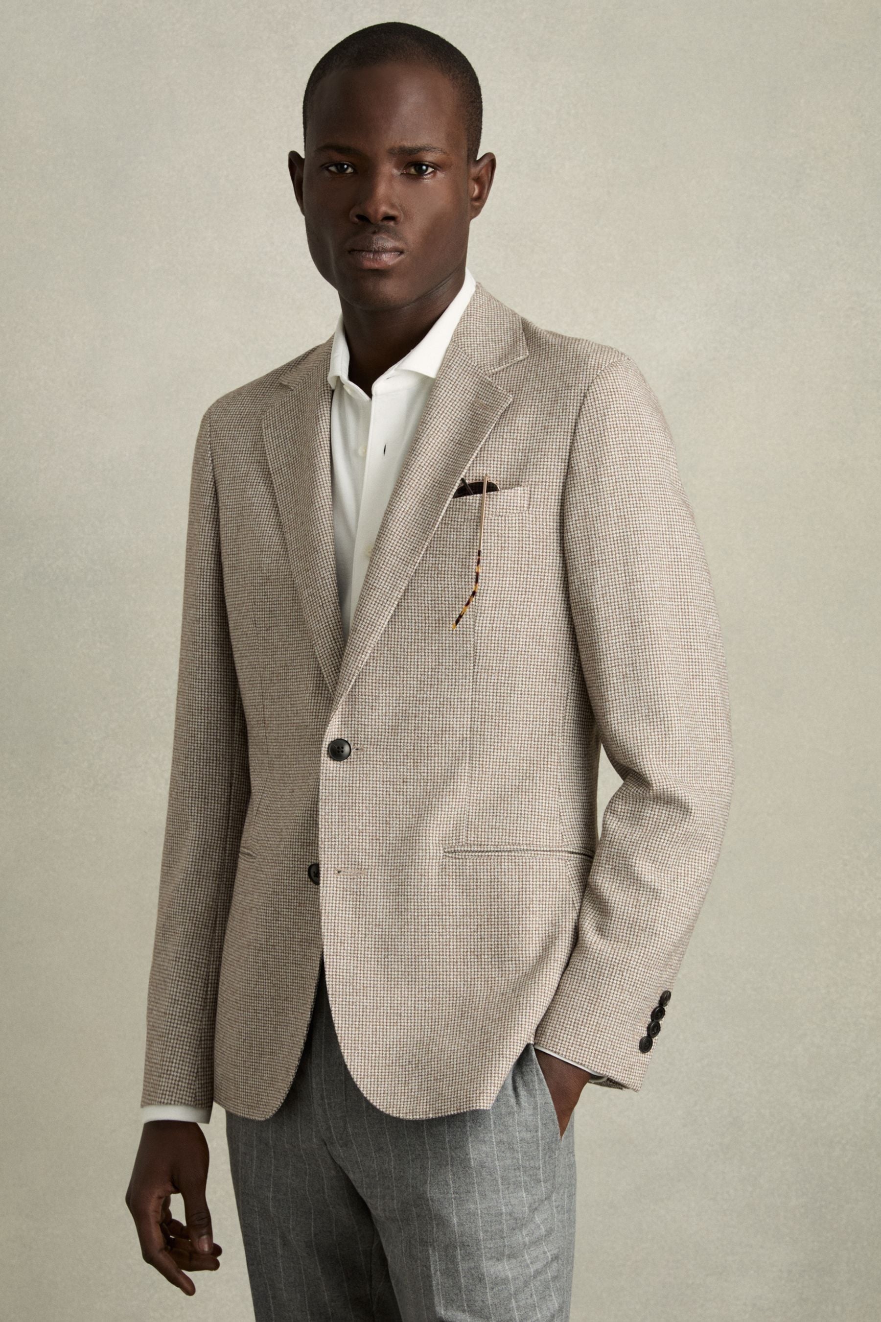 Reiss Taupe/Off White Single-Breasted Blazer With Wool in Puppytooth Check, 46R
