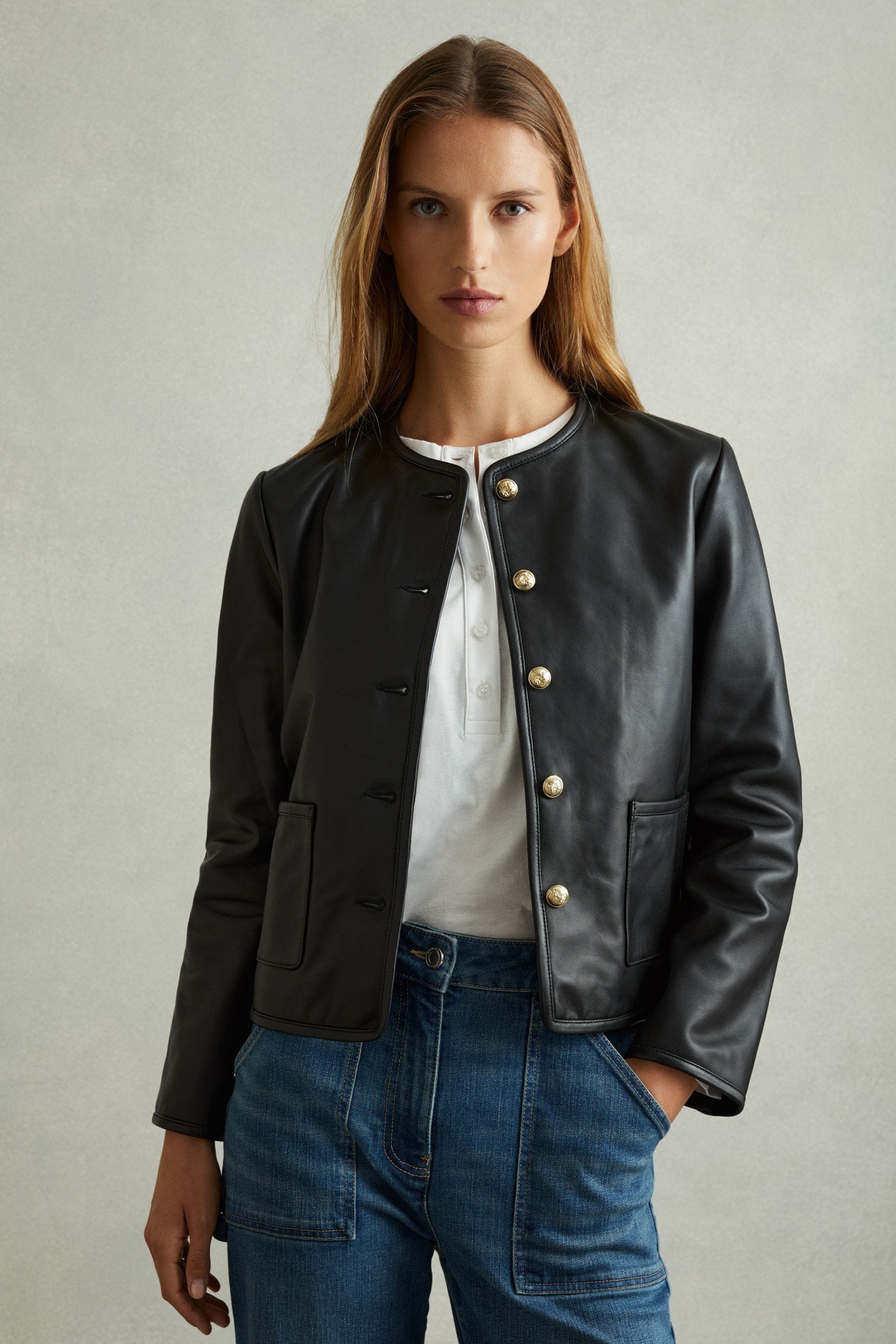 Reiss Black Gracie Cropped Leather Jacket In Black