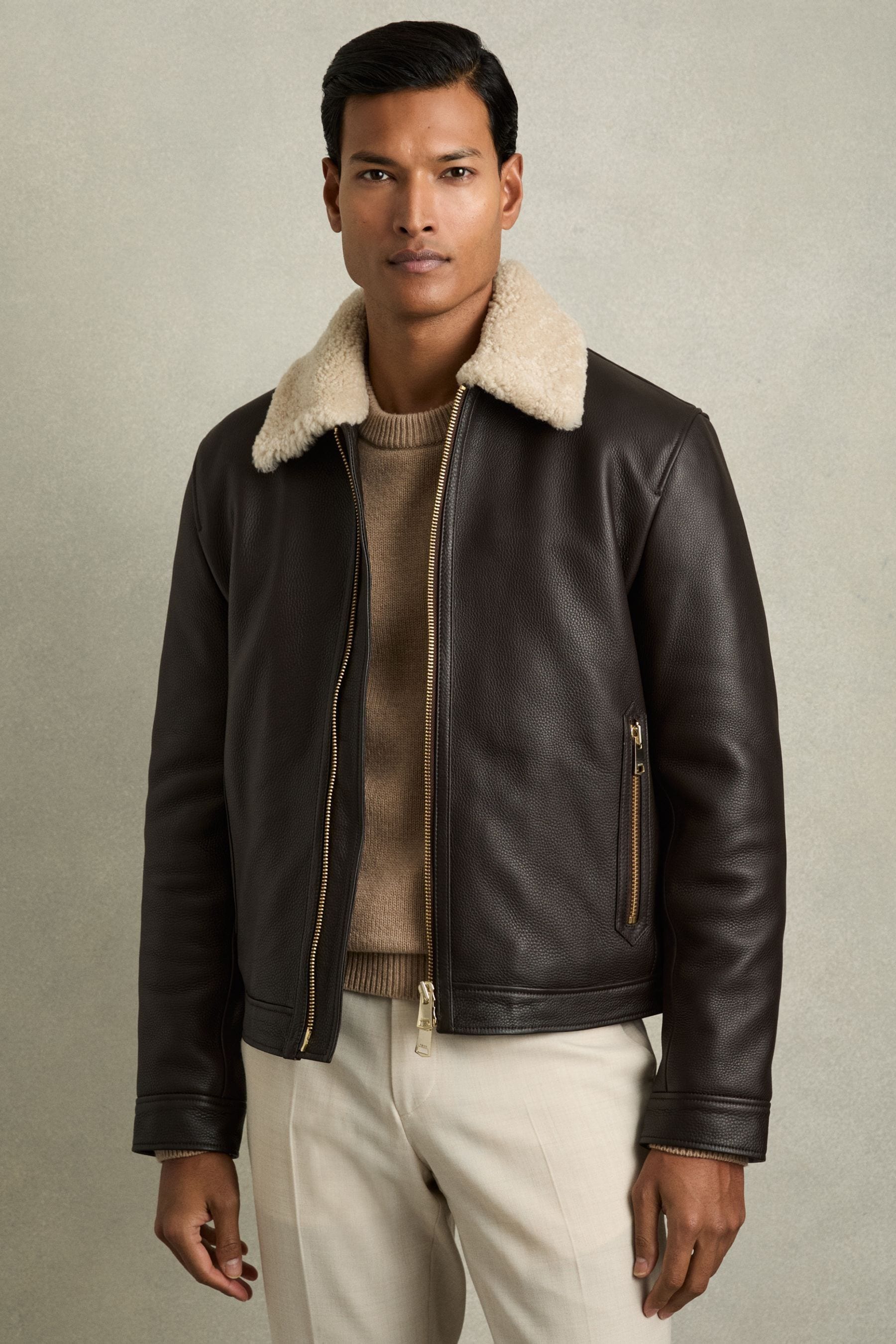 Reiss Dark Brown Shearling-Collar Leather Jacket, Xxl