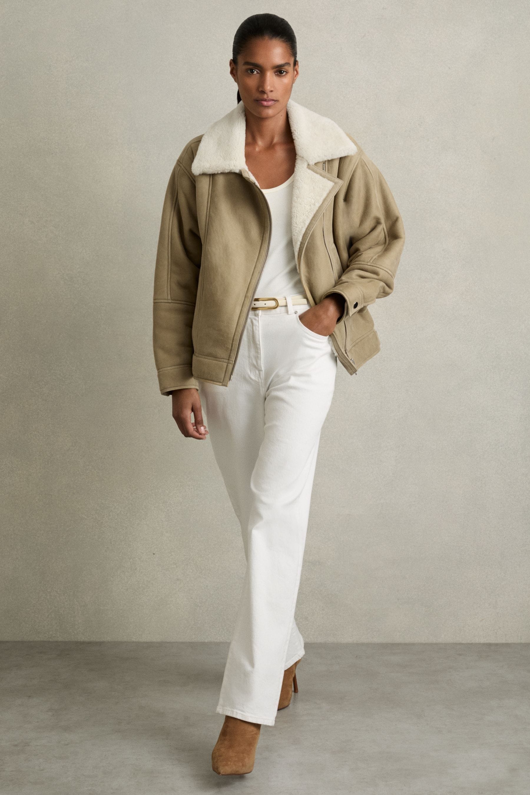 Reiss Mona Jacket Leather Plain, Light Green Size: Xl