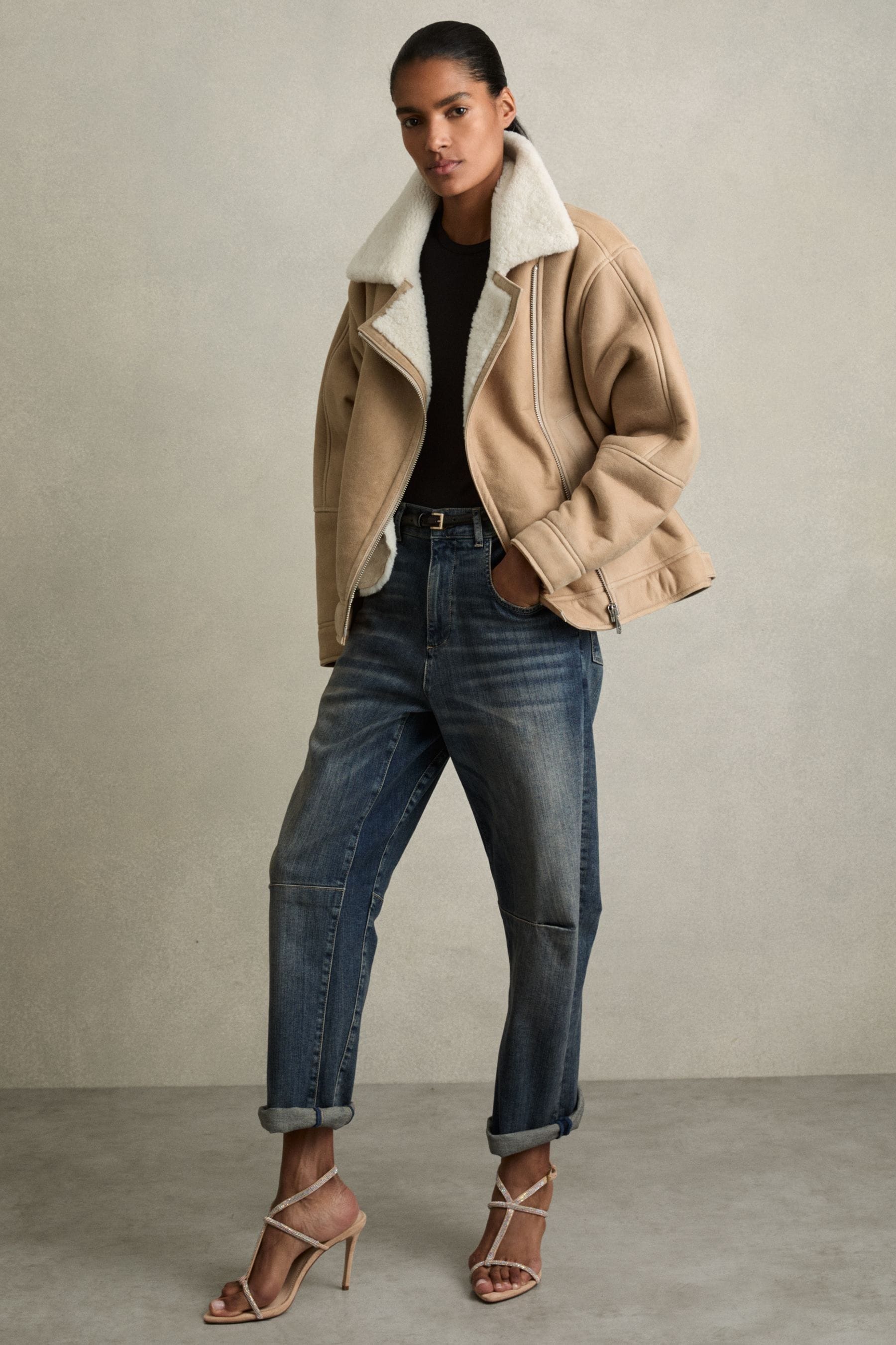 Reiss Neutral Shearling-lined Leather Aviator Jacket In Neutral
