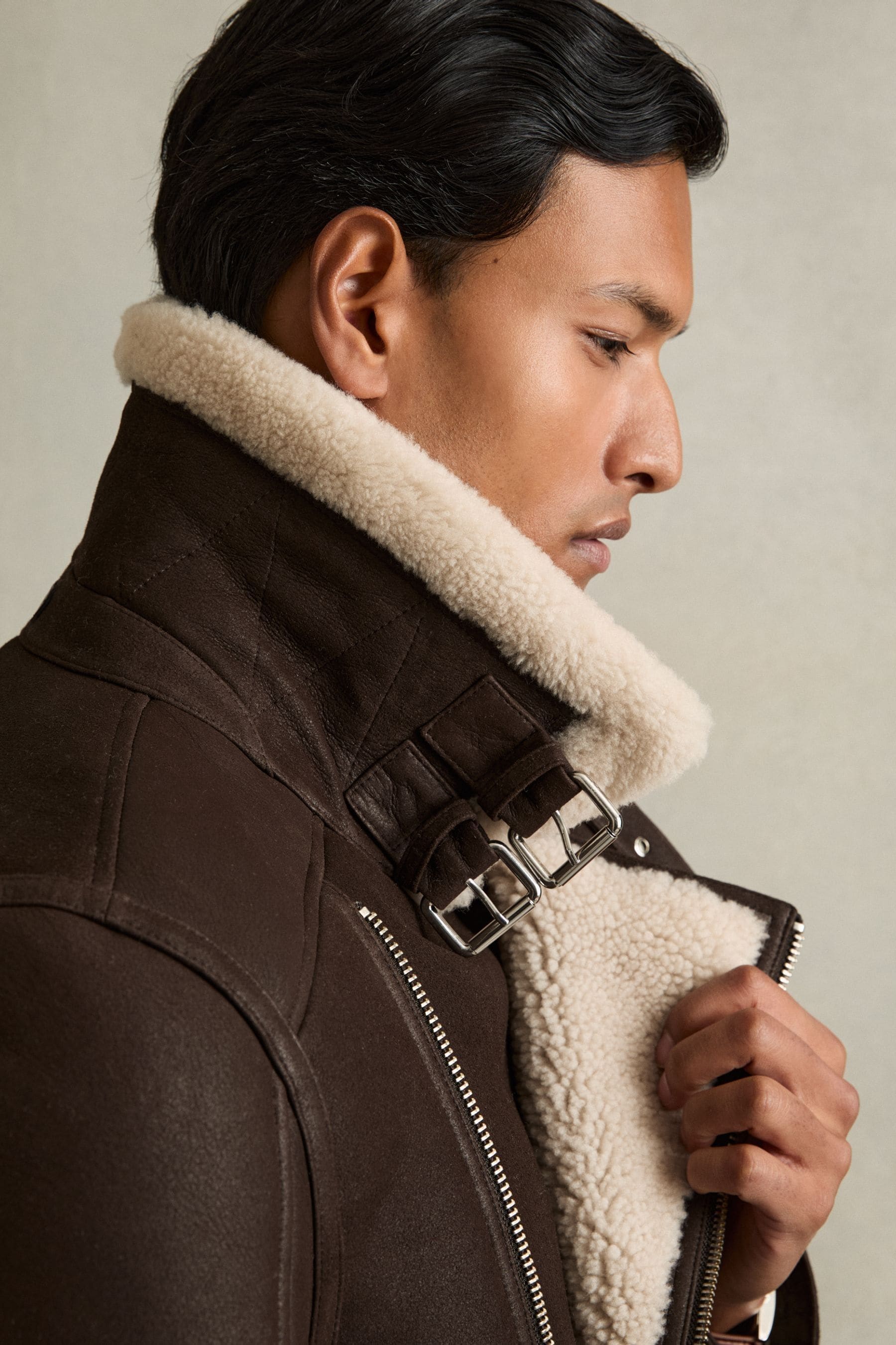 Reiss Dark Brown Shearling Lined Leather Aviator Jacket, Xxl