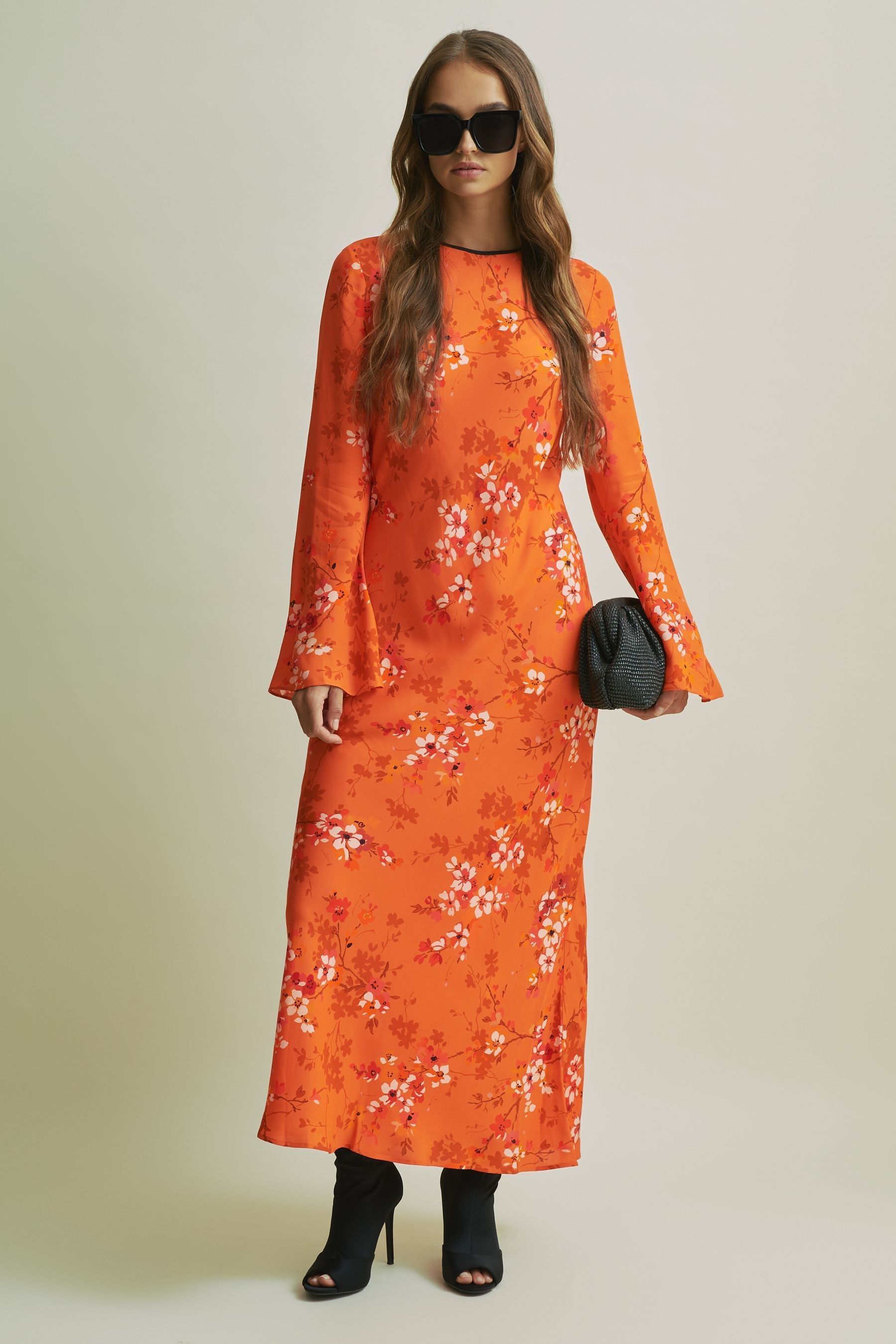 Florere Flute Sleeve Midi Dress In Orange