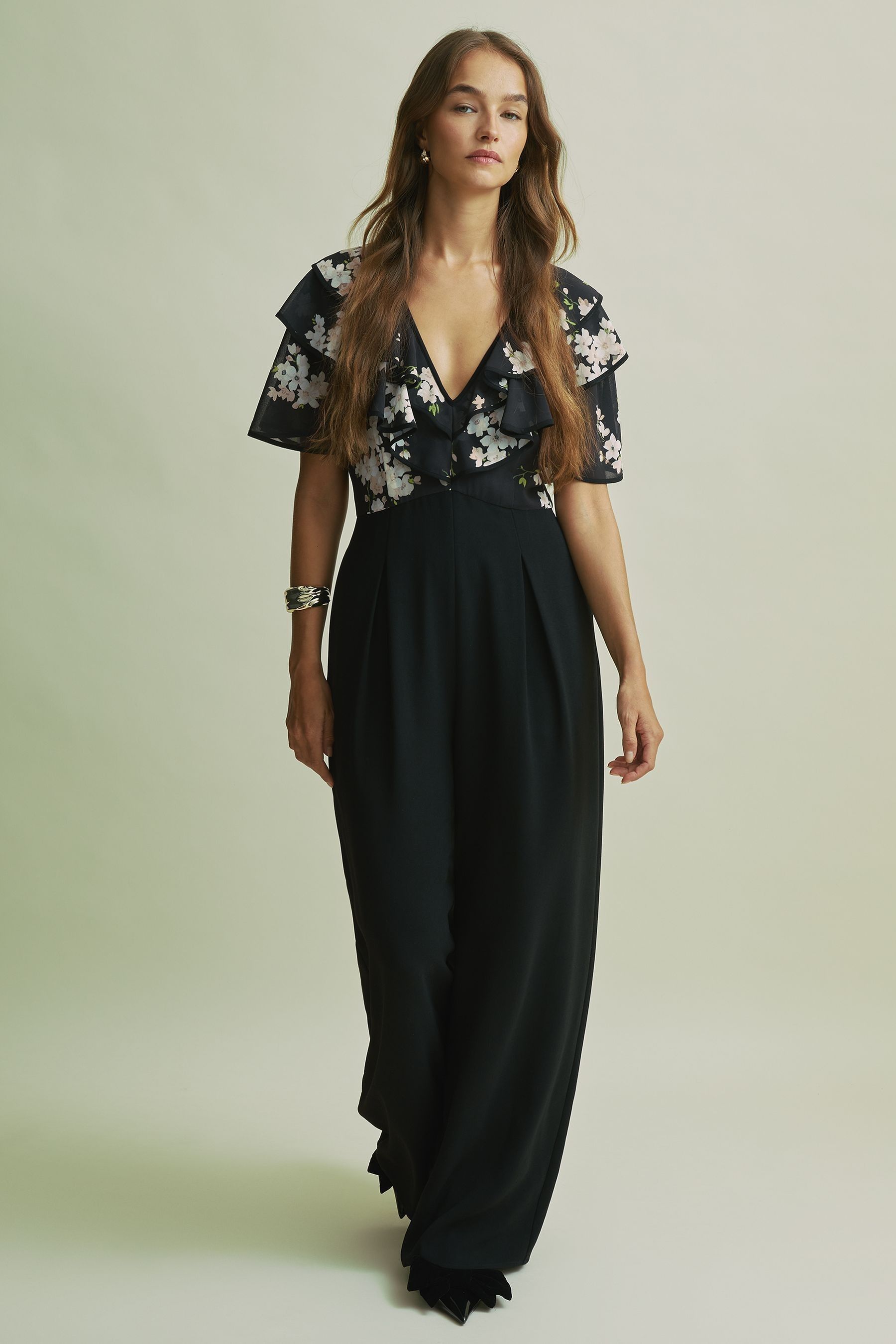 Florere Frill Sleeve Wide Leg Black Jumpsuit In Black