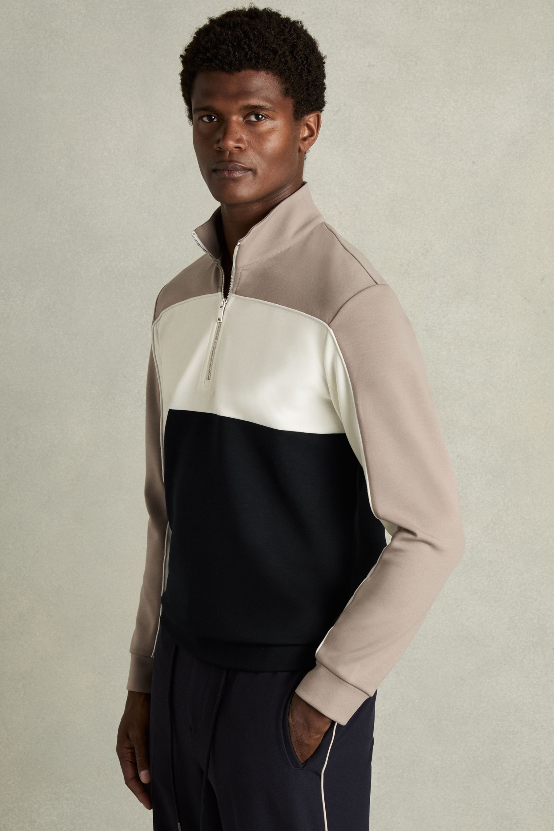 REISS NAVY/TAUPE KATOON INTERLOCK COLOUR-BLOCK HALF-ZIP SWEATSHIRT
