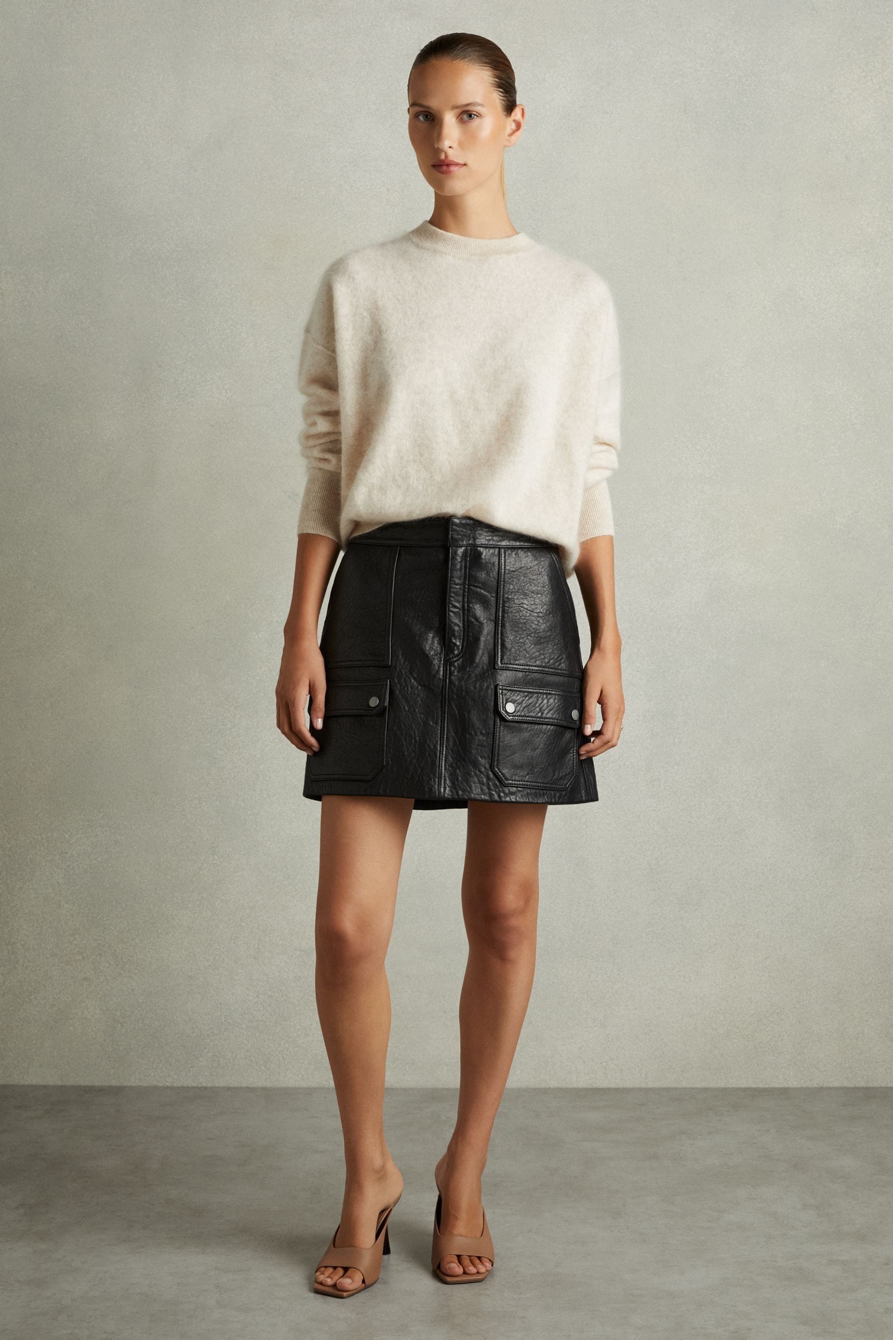 Reiss Black Parker Grained-leather High-rise Mini Skirt