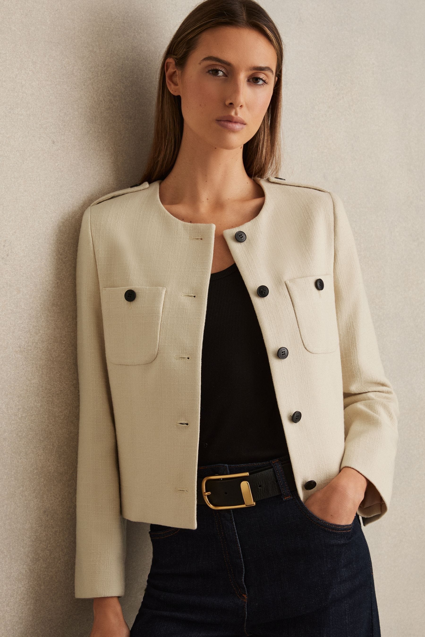 Reiss Cream Wool Cropped Jacket In Cream