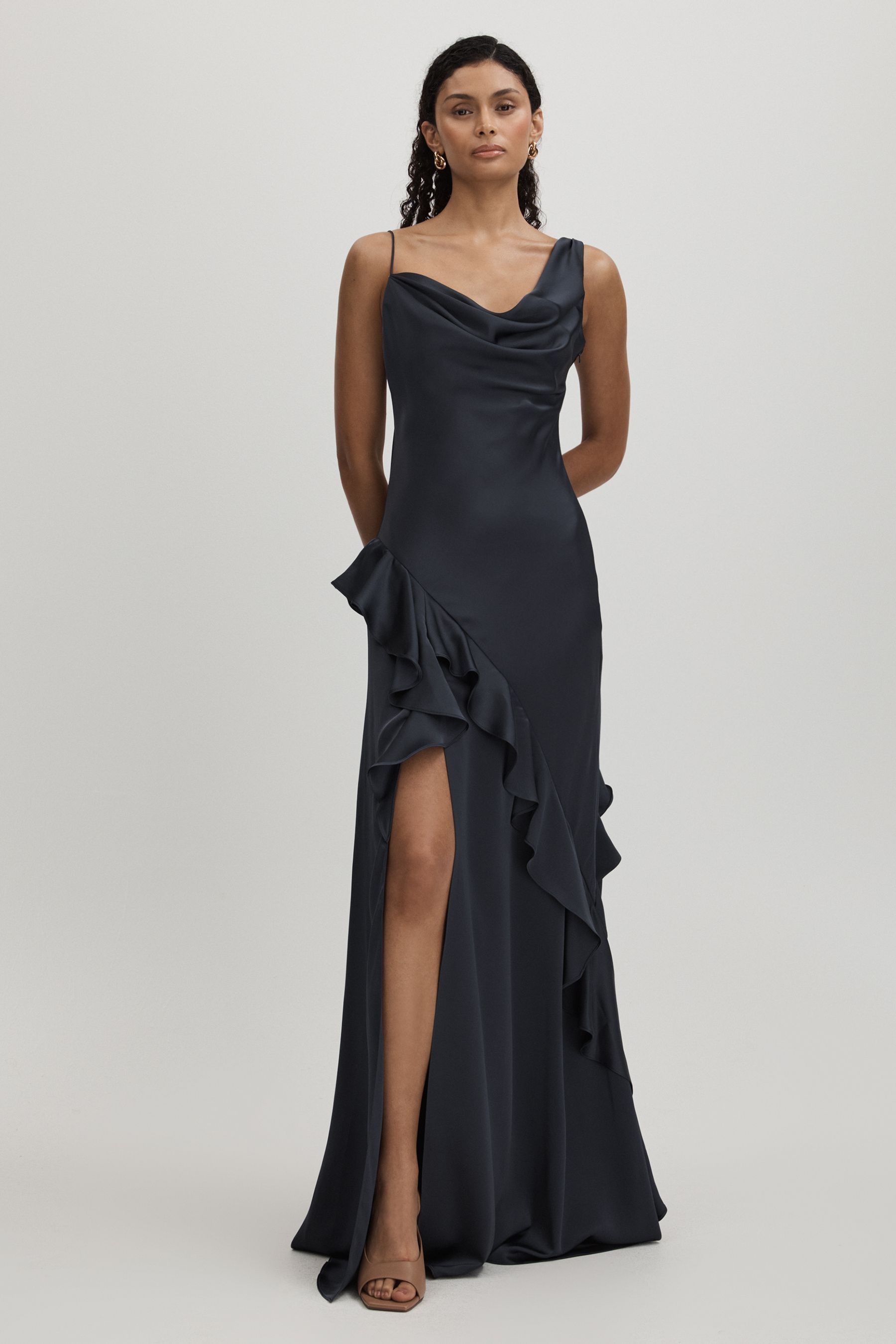 Amur Charmeuse Cowl Neck Maxi Dress In Dark Grey