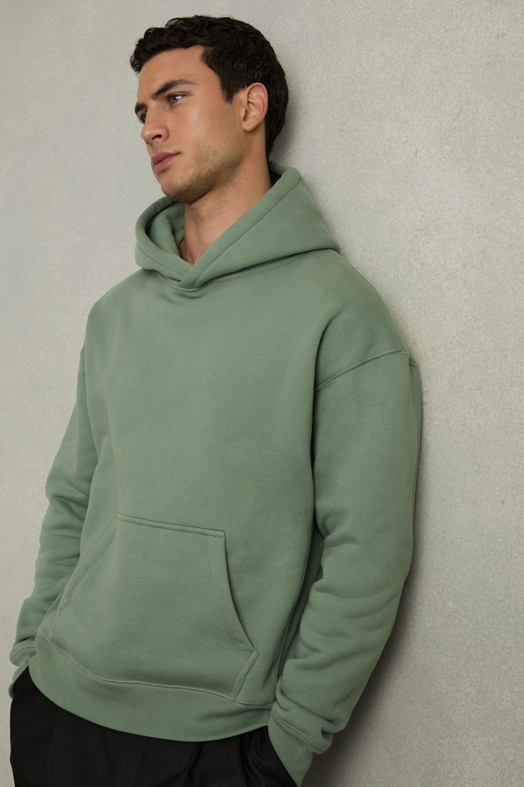 Shop Reiss Bright Green Boulevard Cotton Fleece-back Drawstring Hoodie