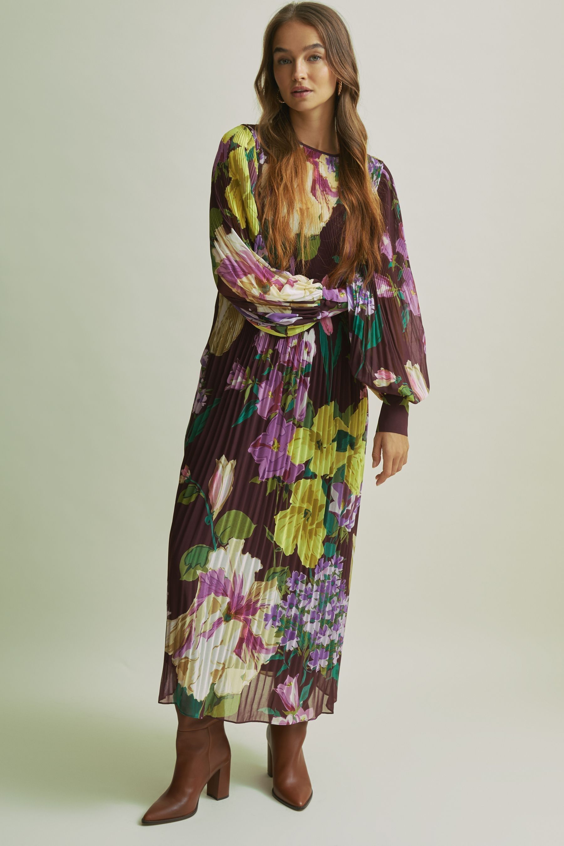 Florere Pleated Blouson Sleeve Midi Dress In Purple