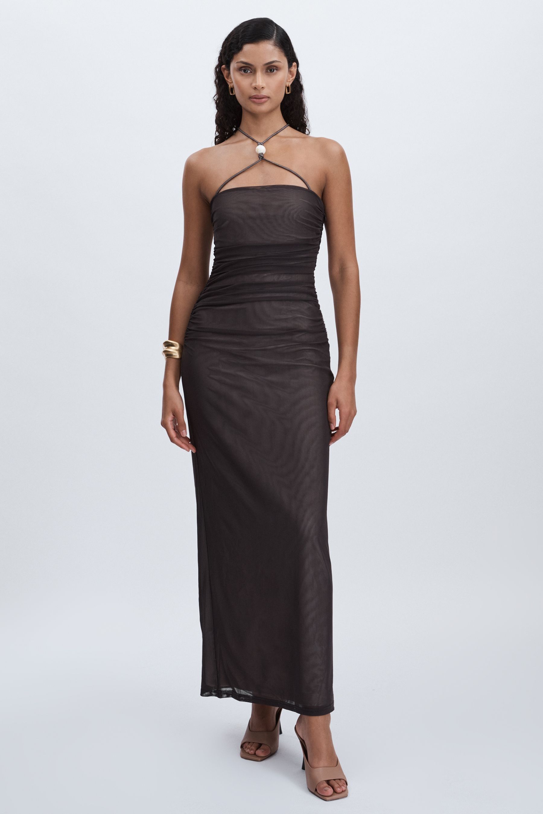 Significant Other Chocolate  Ruched Mesh Maxi Dress In Chocolate