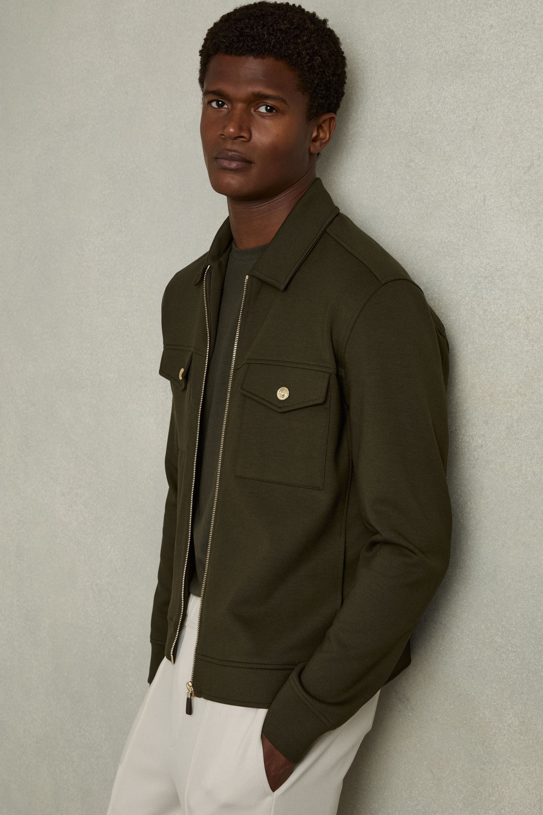 Shop Reiss Forest Green Medina Interlock-jersey Zipped Overshirt