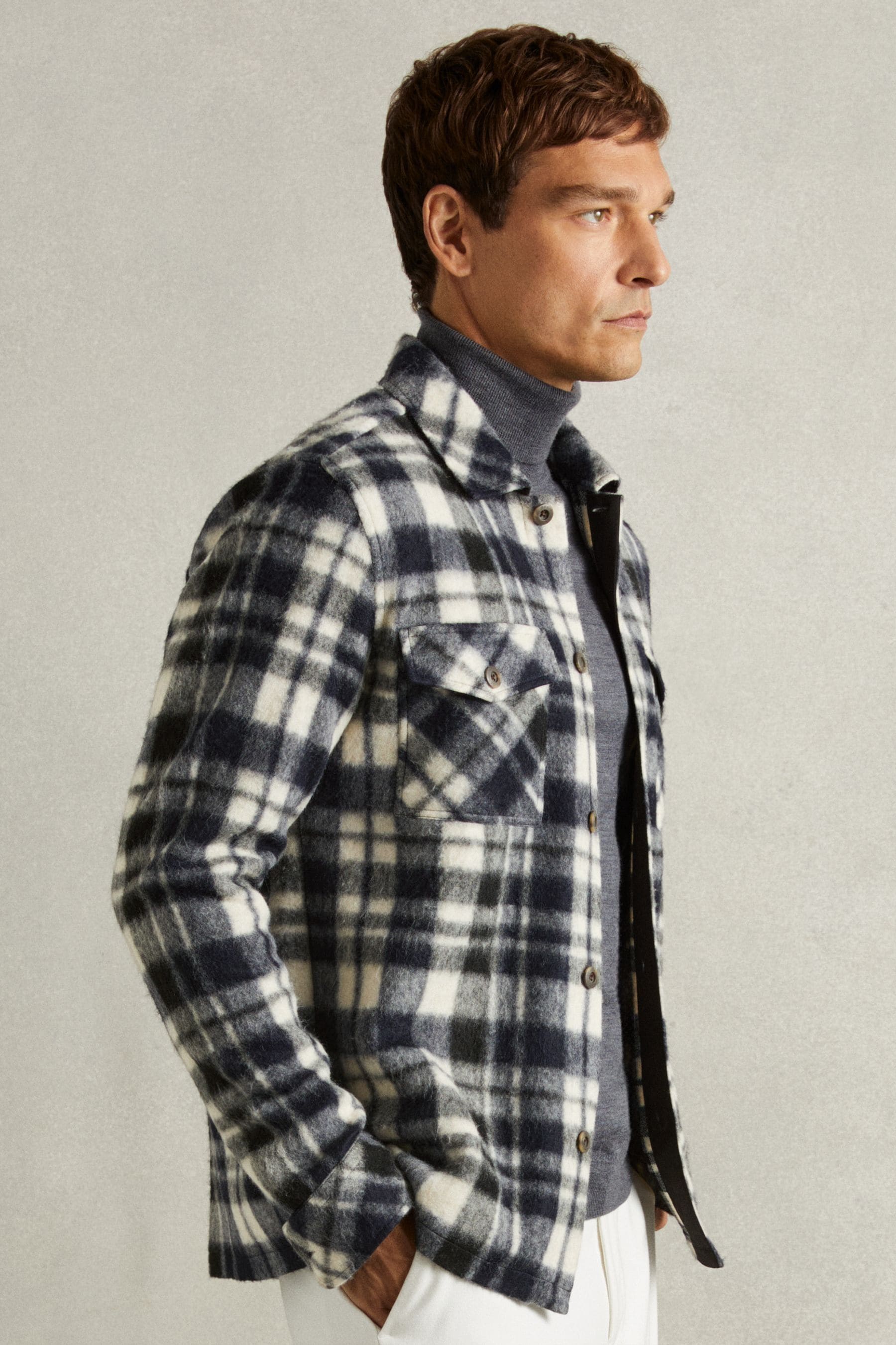 Reiss Navy Wade Patch-pocket Checked Overshirt