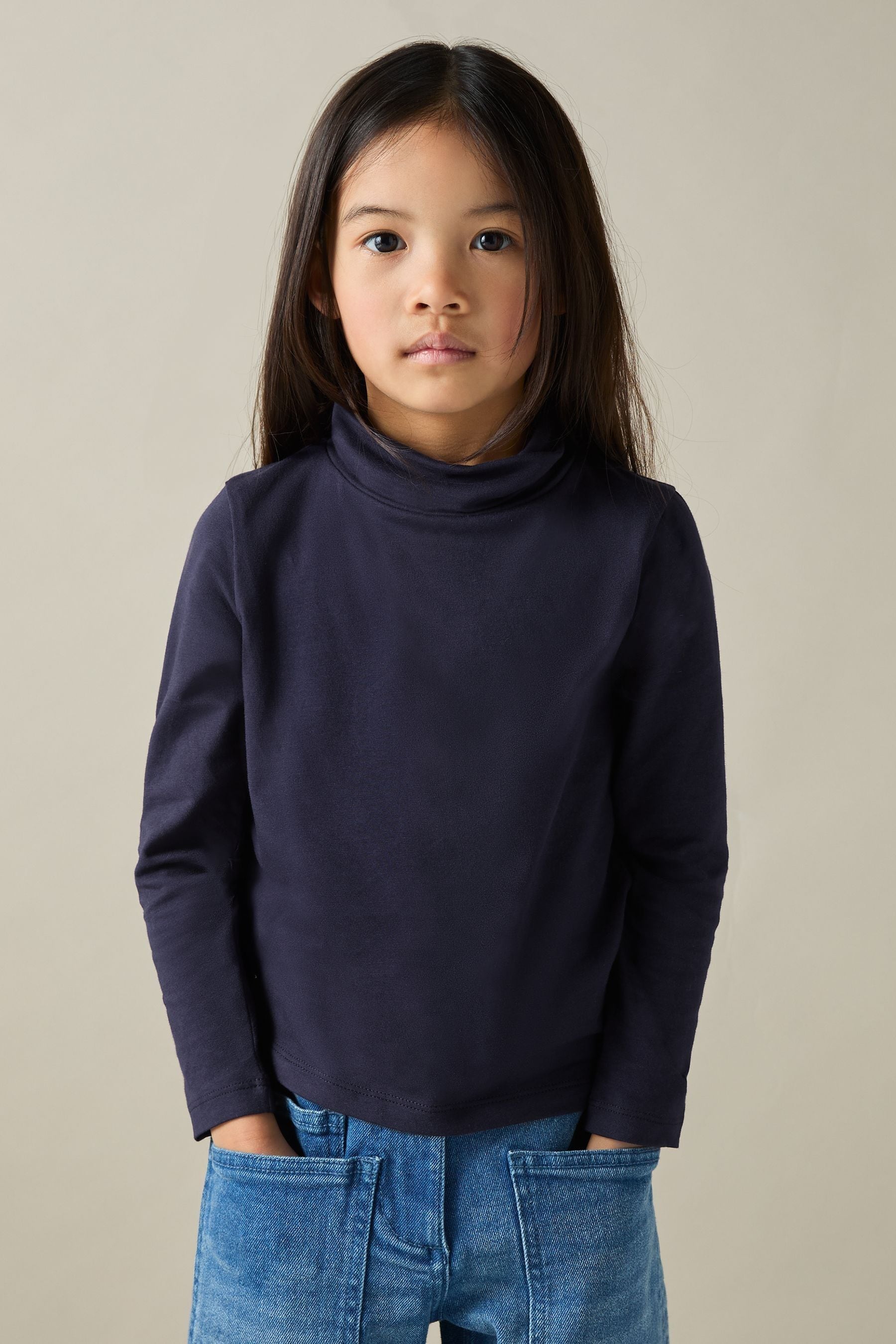 Reiss Kids' Navy 9-13 Yrs Cotton-jersey Roll-neck Top With Stretch
