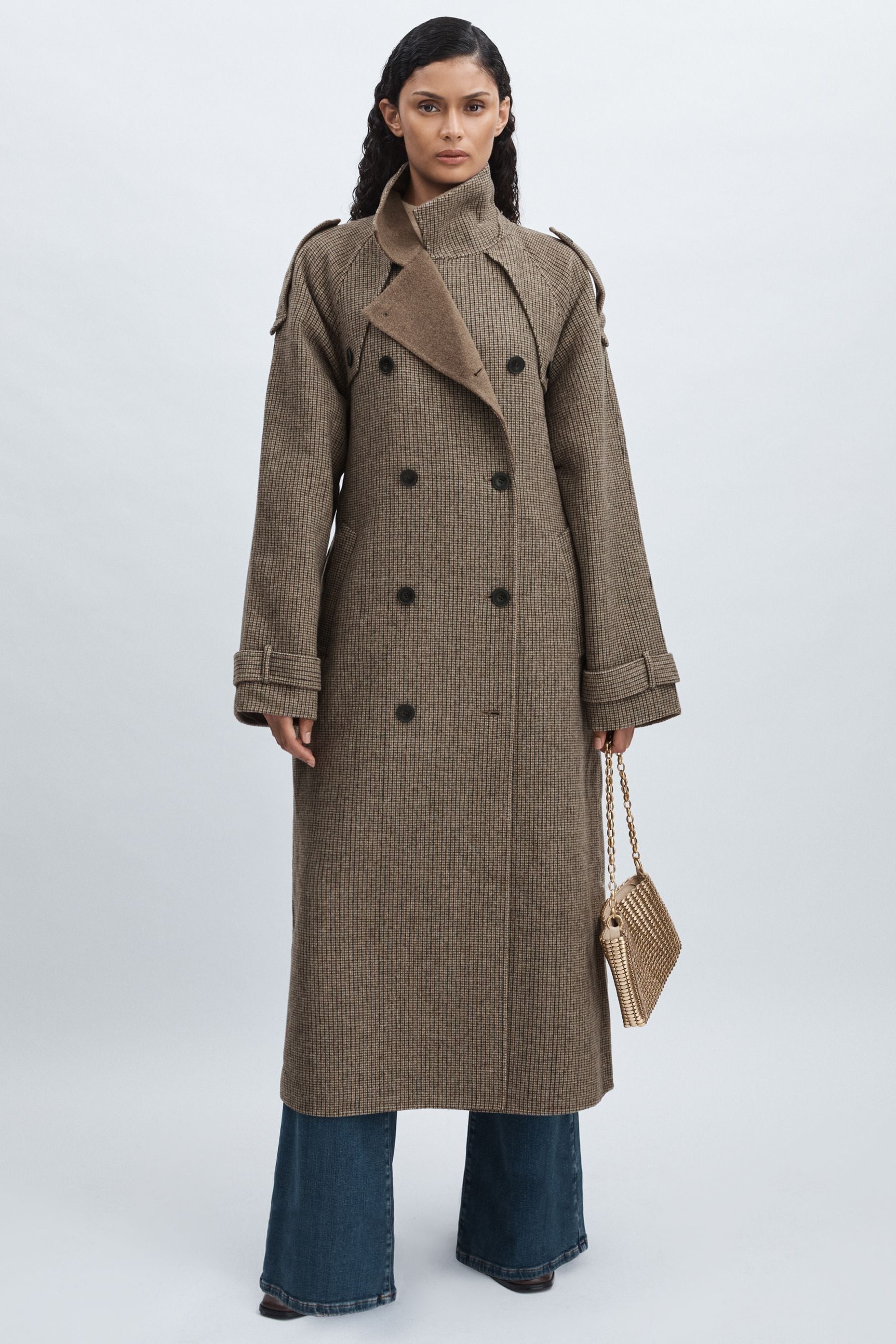 Meotine Beige Check Wool-Blend Houndstooth-Check Trench Coat, Lxl